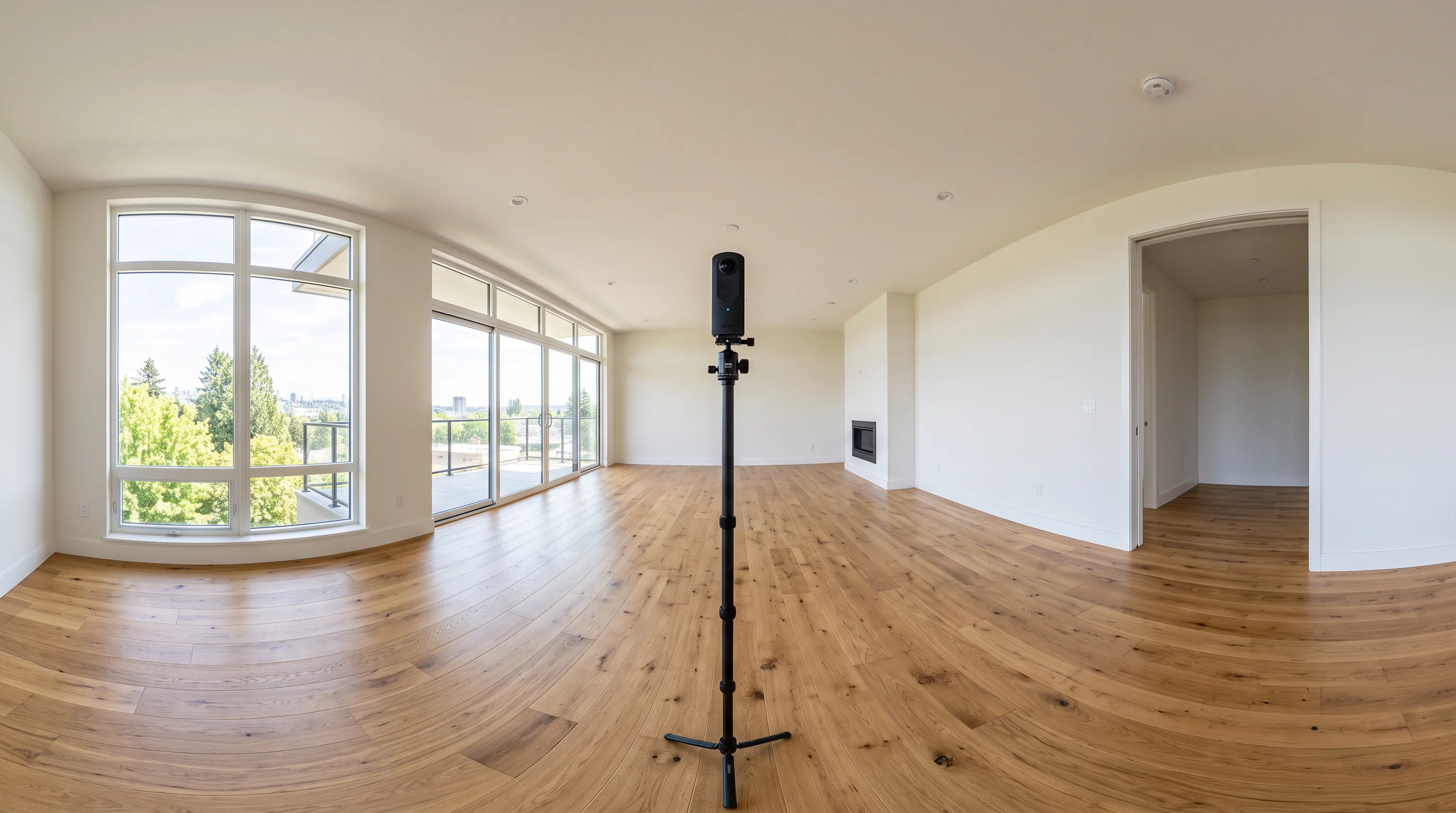 Professional 360 camera mounted on an ultra-slim monopod in the center of an empty modern room, balanced lighting from side windows, clean architectural view