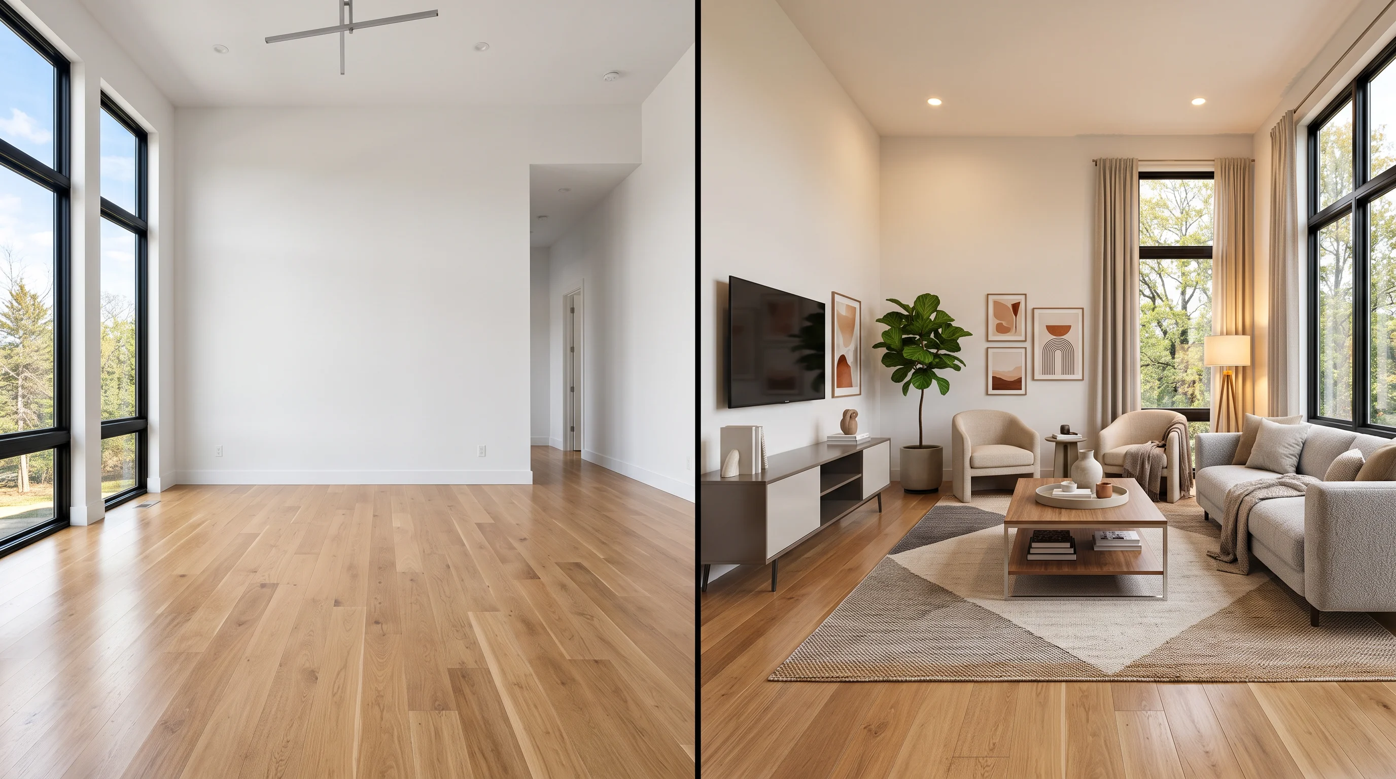 A high-resolution 360 equirectangular panoramic comparison showing an empty living room on the left transitioning into a fully furnished Japandi living room on the right, 2:1 aspect ratio, natural window light, real estate photography