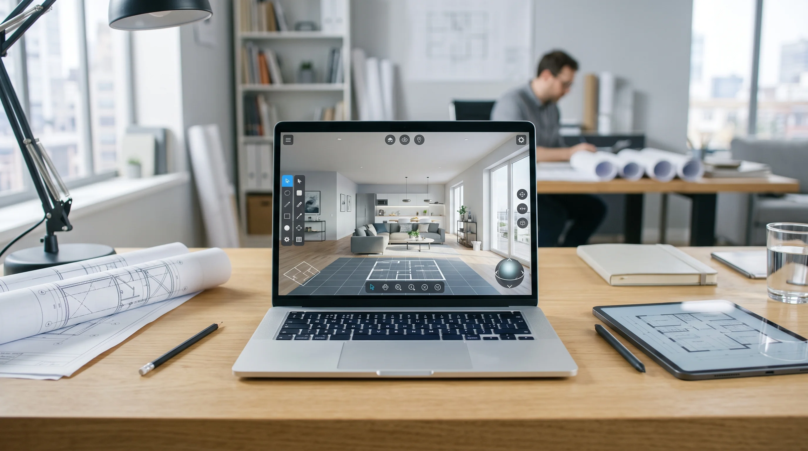 Software interface showing a 360 panorama upload and style selection panel for virtual staging, clean UI design, dark mode theme with warm accents