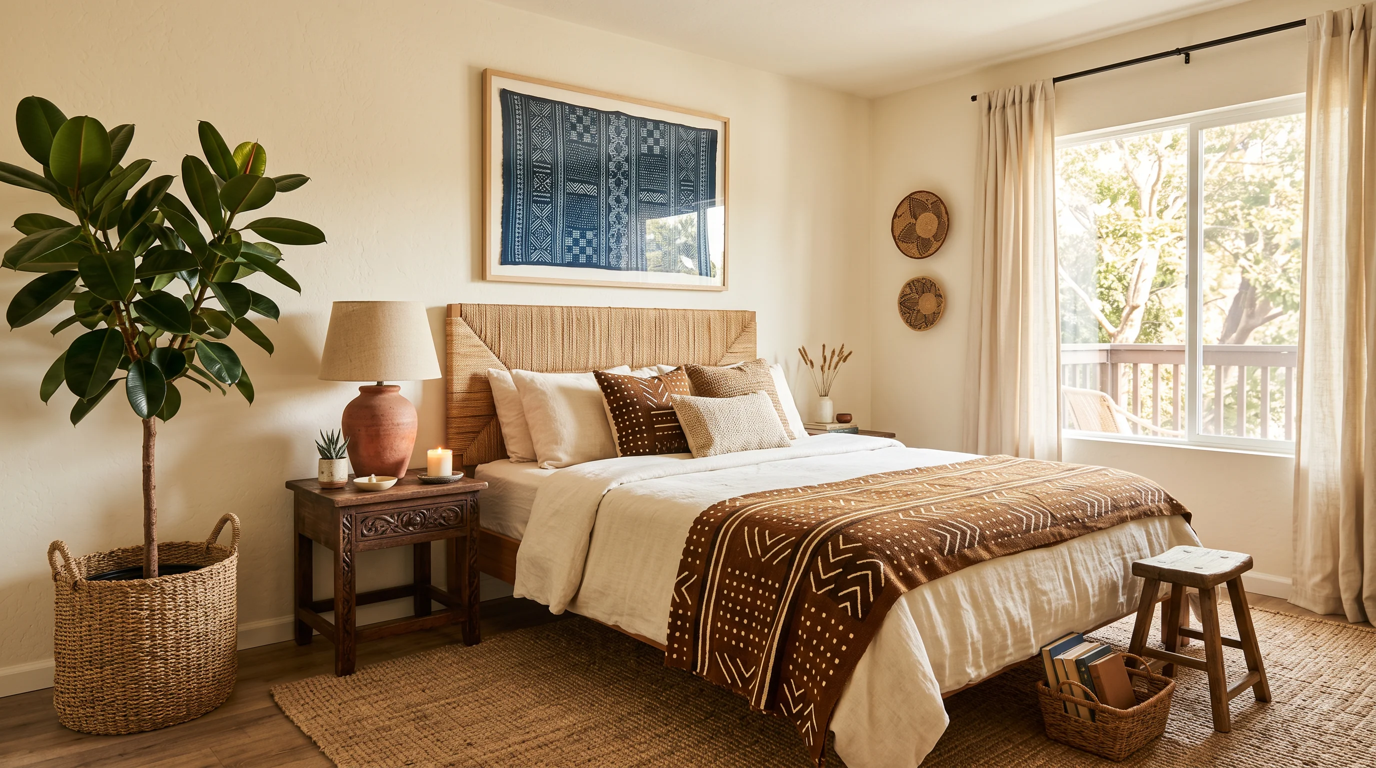 Afrohemian bedroom with rattan headboard, mudcloth throw, and indigo adire wall art