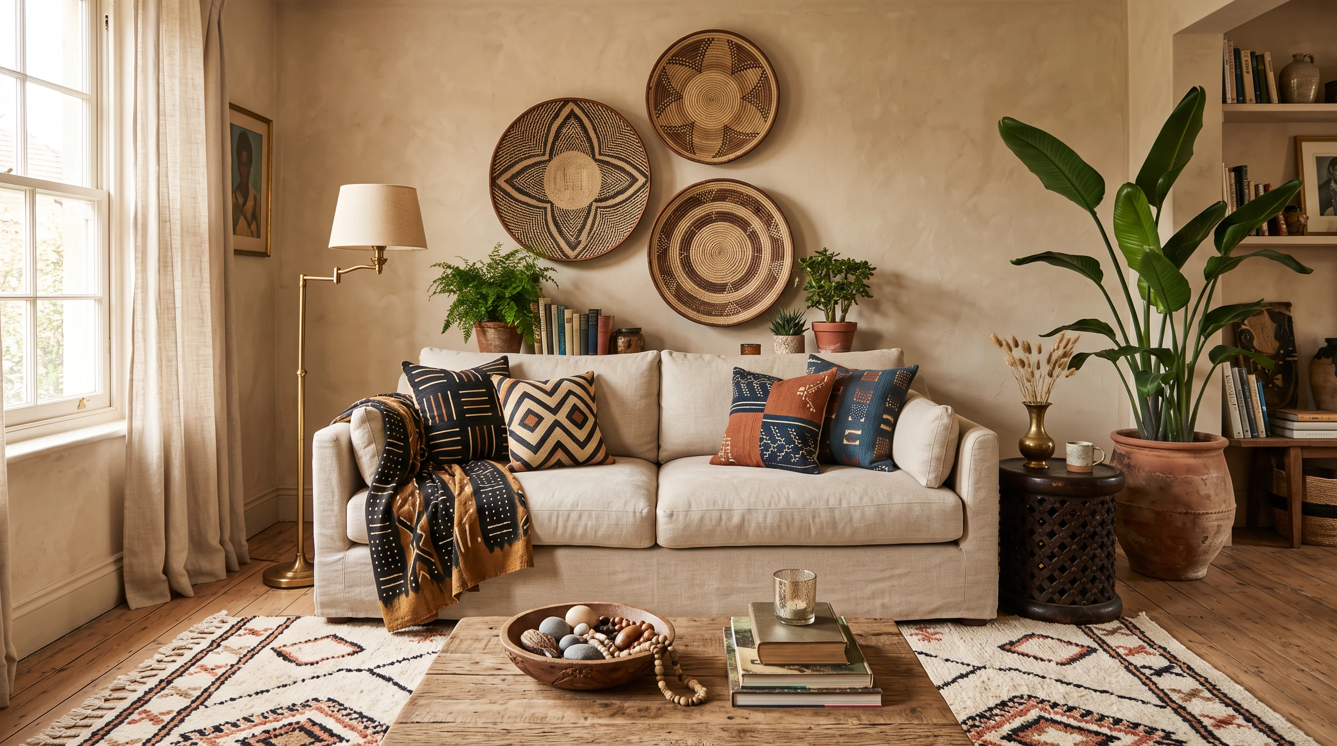 Afrohemian living room with woven basket wall art, mudcloth cushions, and Berber rug