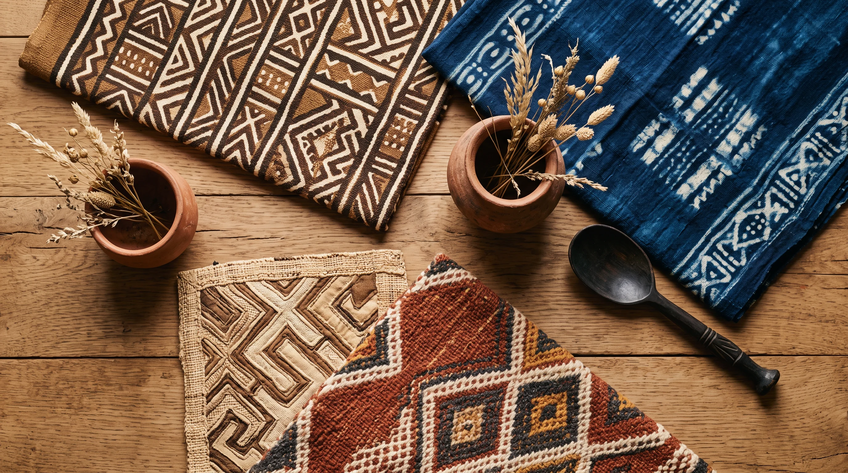 Afrohemian textiles — mudcloth, adire, Kuba cloth, and Berber patterns on warm oak