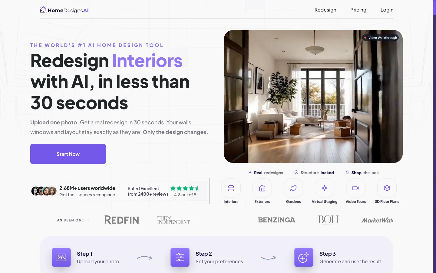 Homedesigns.ai homepage showcasing its AI-powered interior redesign tool