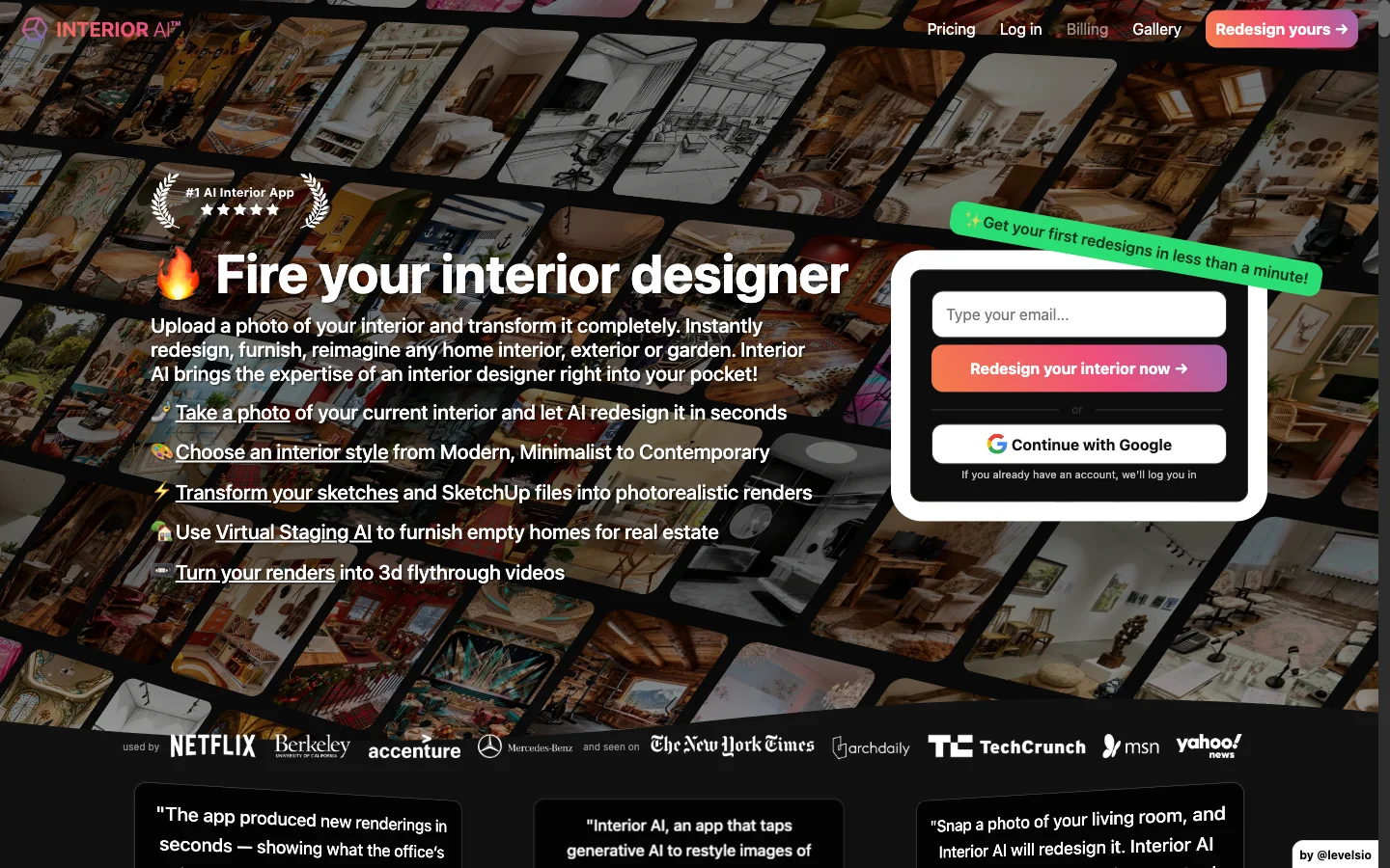 Interior AI homepage showing its room redesign interface and style options