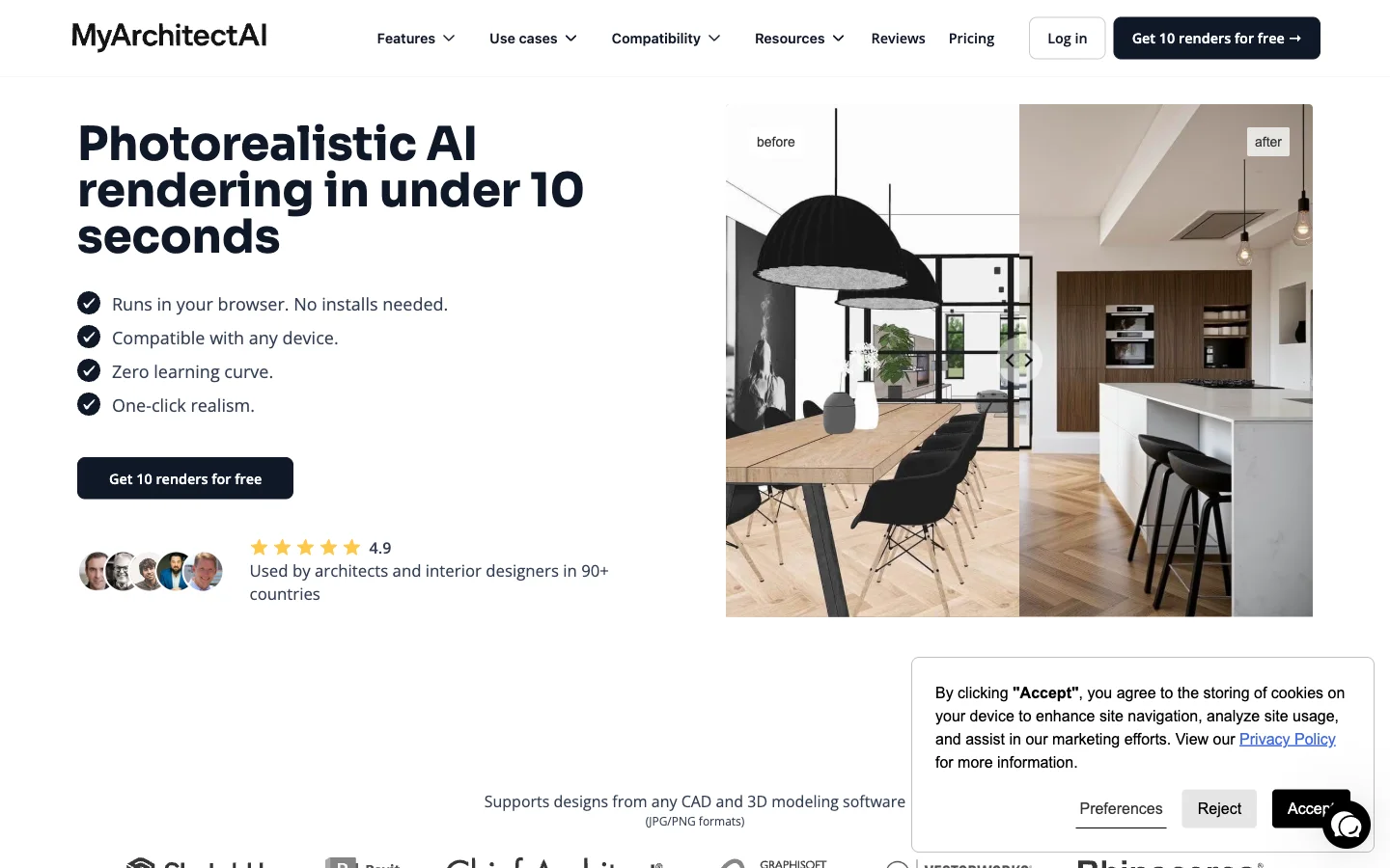 MyArchitectAI homepage featuring its sketch-to-render and 4K output capabilities
