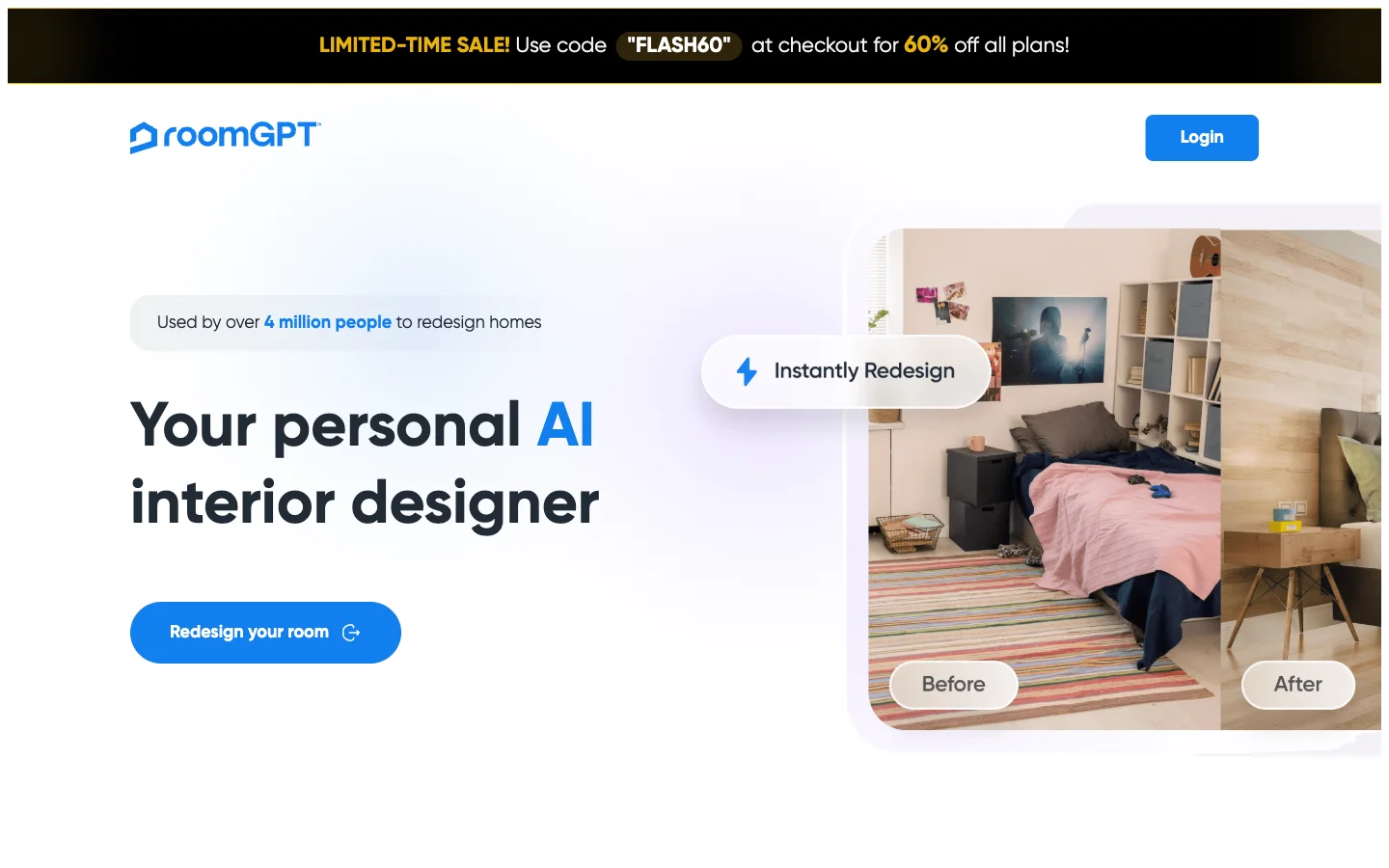 RoomGPT homepage with its simple upload-and-redesign interface