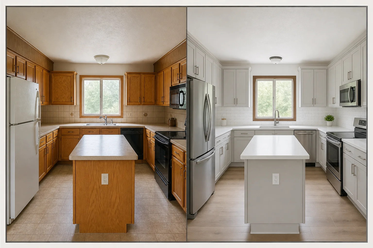 A dated 1990s kitchen on the left and a modern AI redesign of the same kitchen on the right, generic interface frame, no logos
