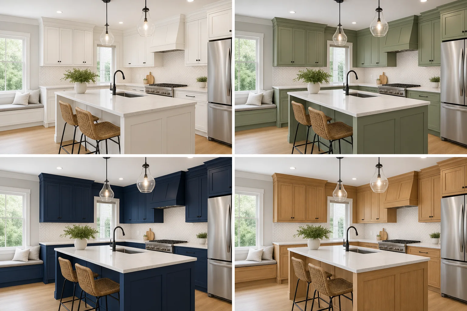 The same kitchen shown four ways with cabinets in white, sage green, navy blue, and warm wood, a clean comparison grid, no logos or text