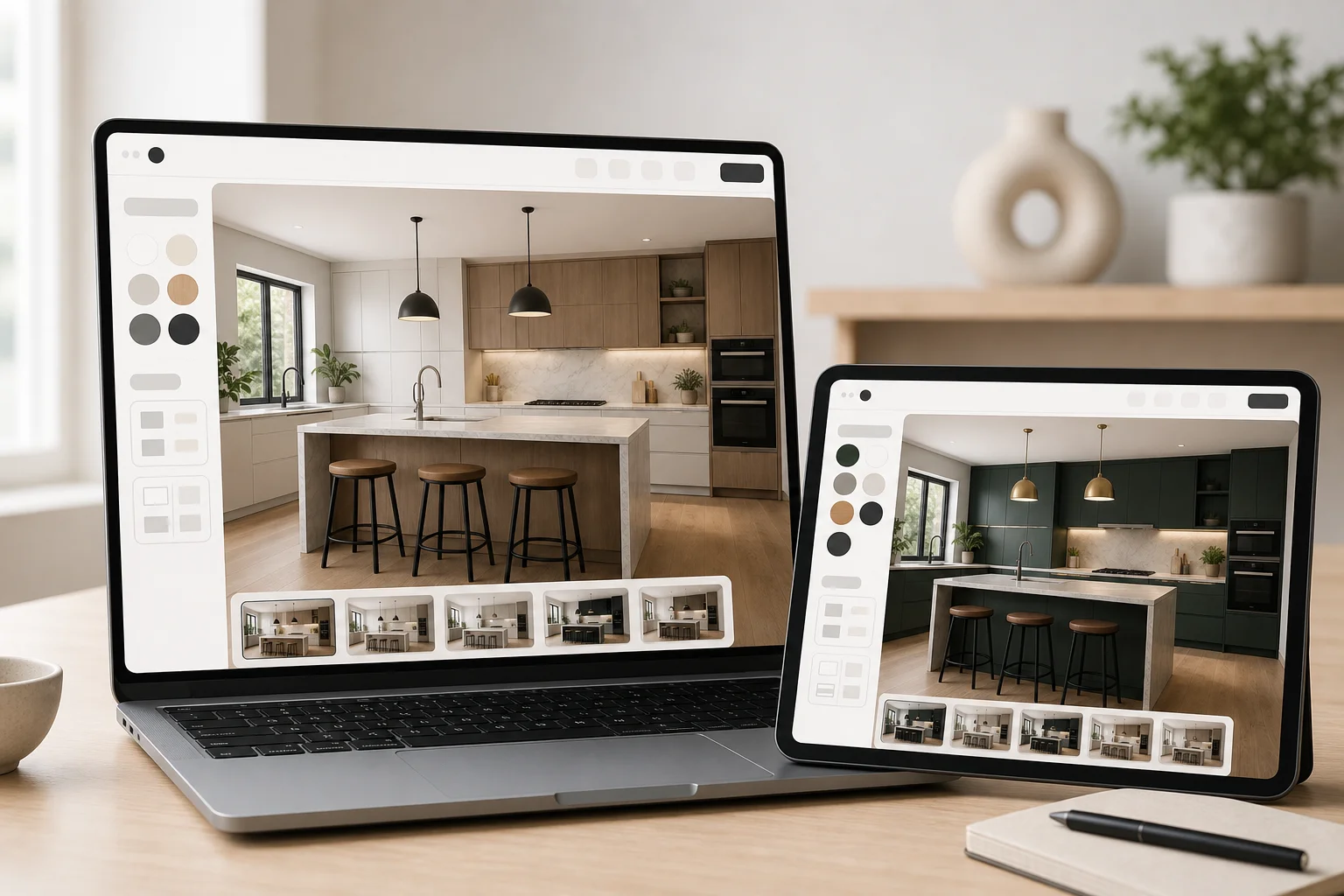 A clean laptop and tablet mockup showing an AI kitchen design app with a kitchen redesign on screen, no brand logos, soft studio lighting