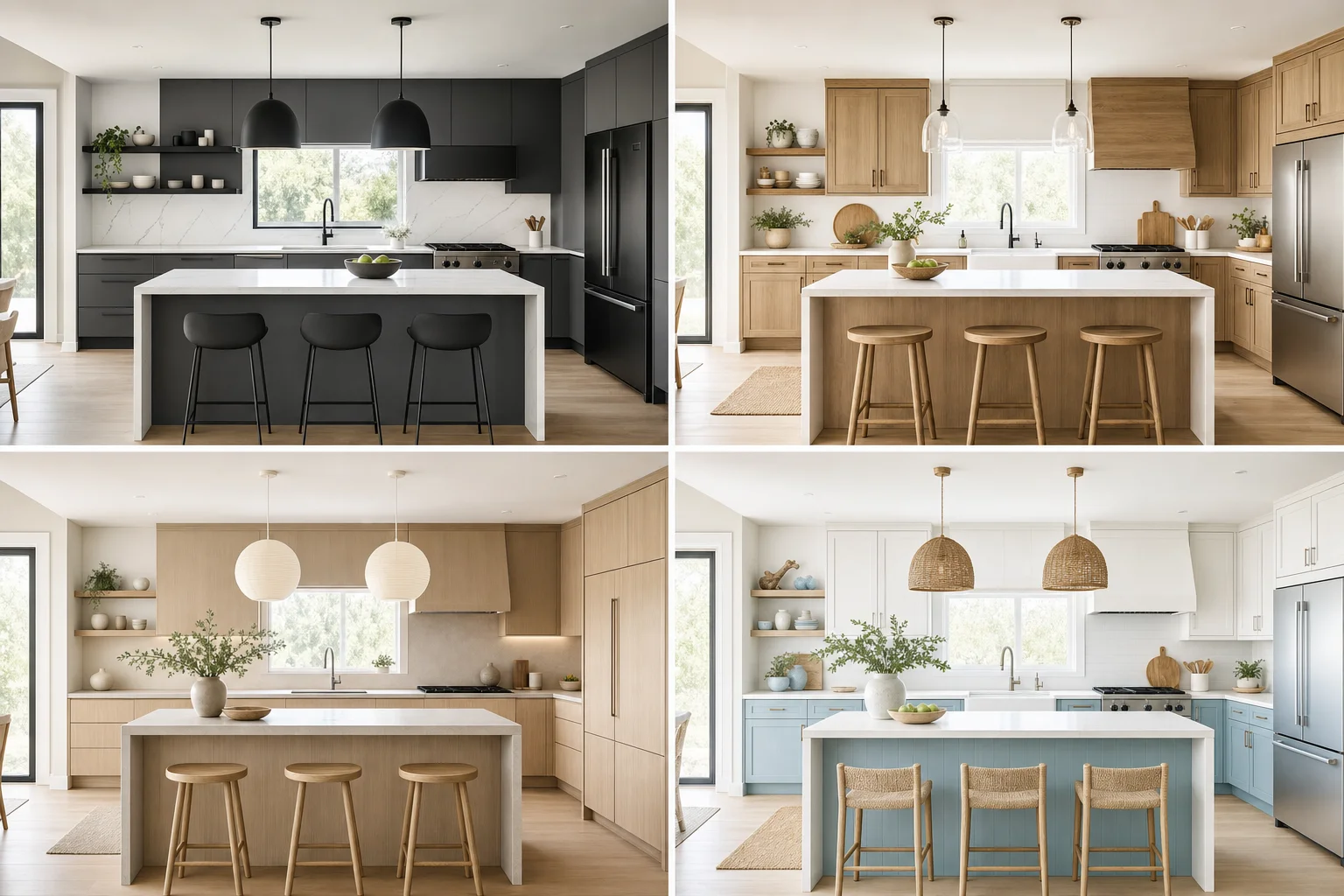 The same kitchen rendered in four styles — modern, farmhouse, Japandi, and coastal — keeping the original layout, clean comparison grid, no logos or text