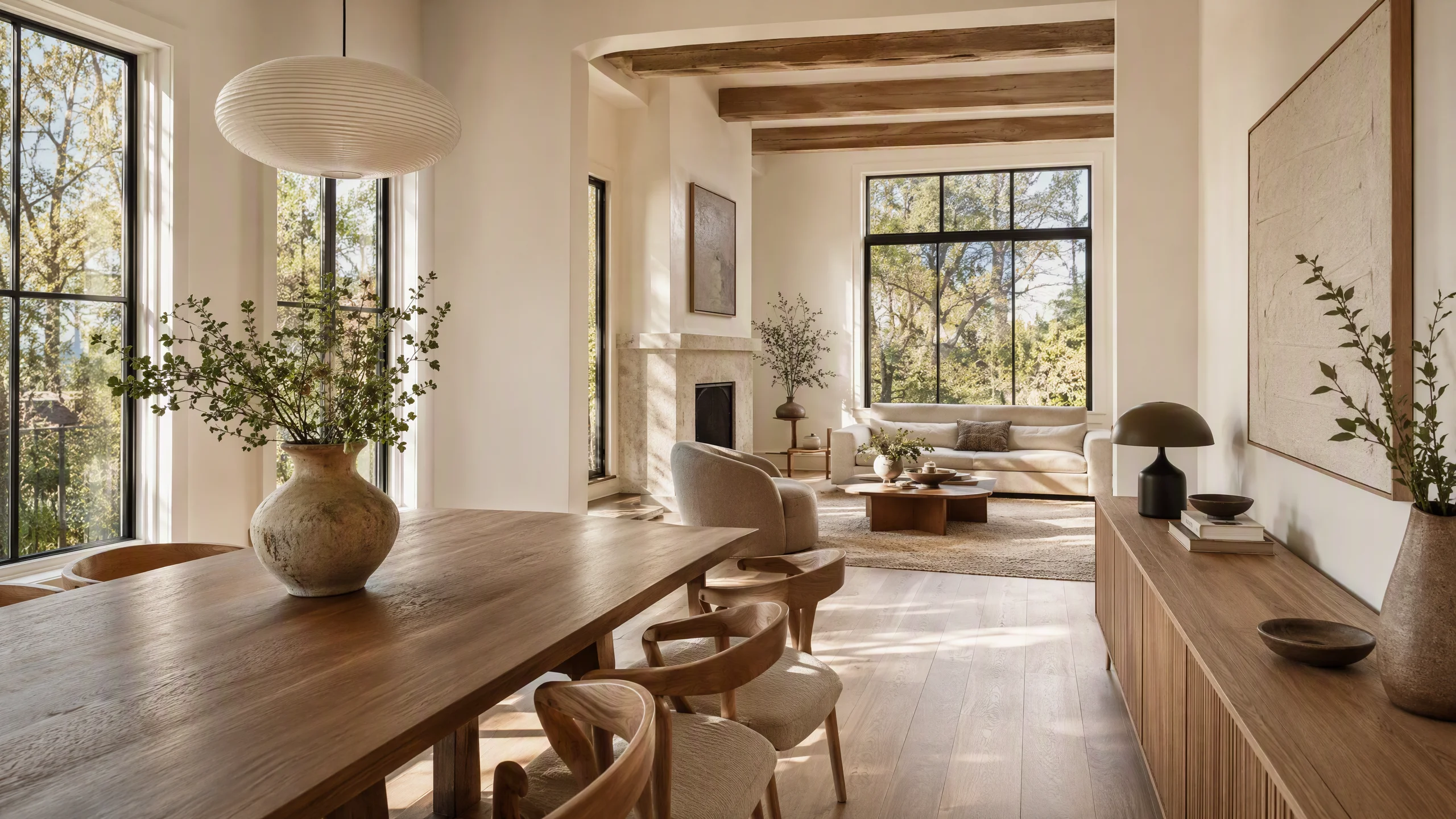 A bright open-concept living and dining space in an upscale home, perfectly preserved architectural walls and windows, staged with elegant Japandi style dining table and low profile credenza, neutral earthy textures, afternoon sunlight casting soft natural shadows, photorealistic interior design photography, 35mm lens, sharp focus, no humans, no floating furniture, no distorted lines, no text, no watermark
