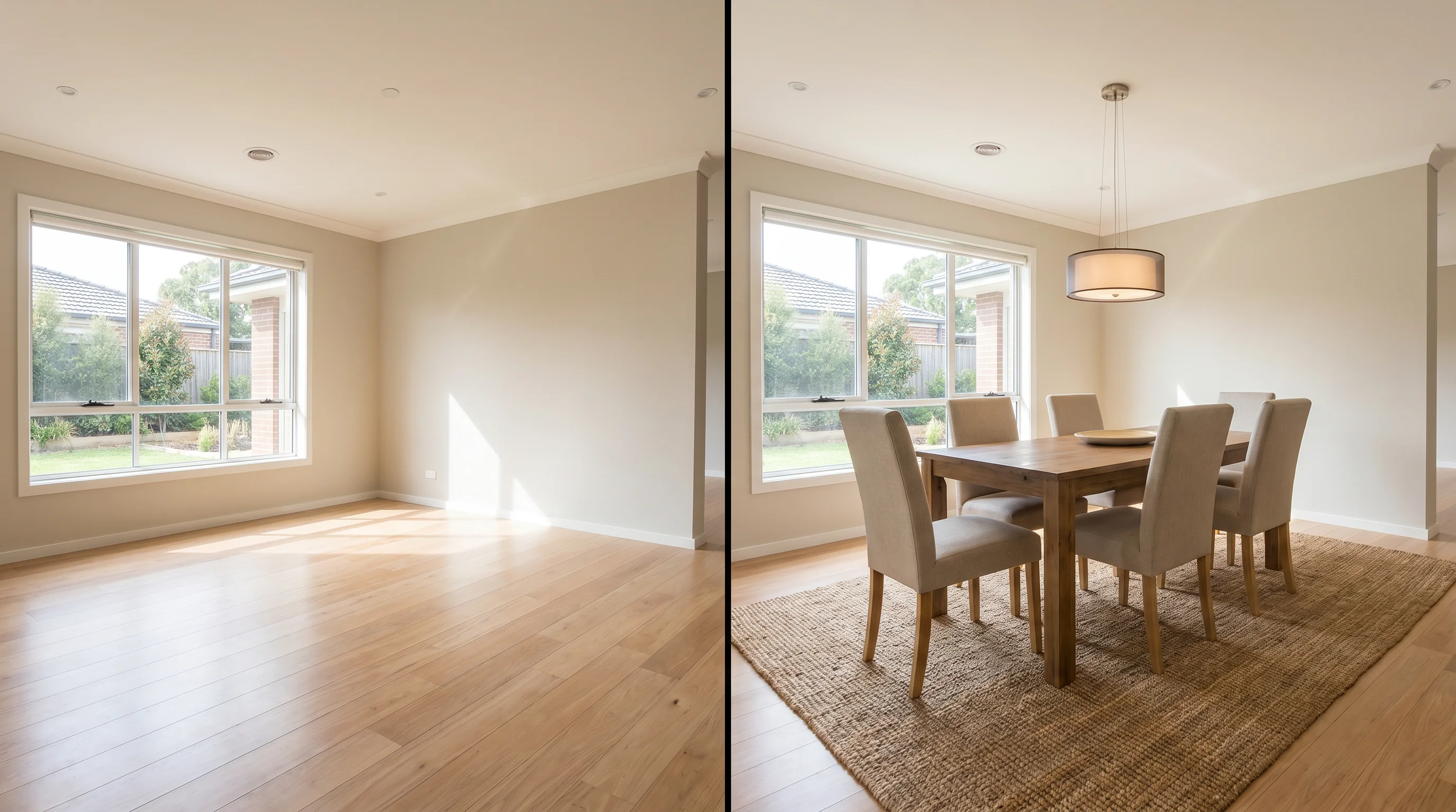 An open-plan dining area shown twice side by side — the original empty room on the left and the AI-staged version on the right, the way disclosure rules require the original to accompany the staged photo