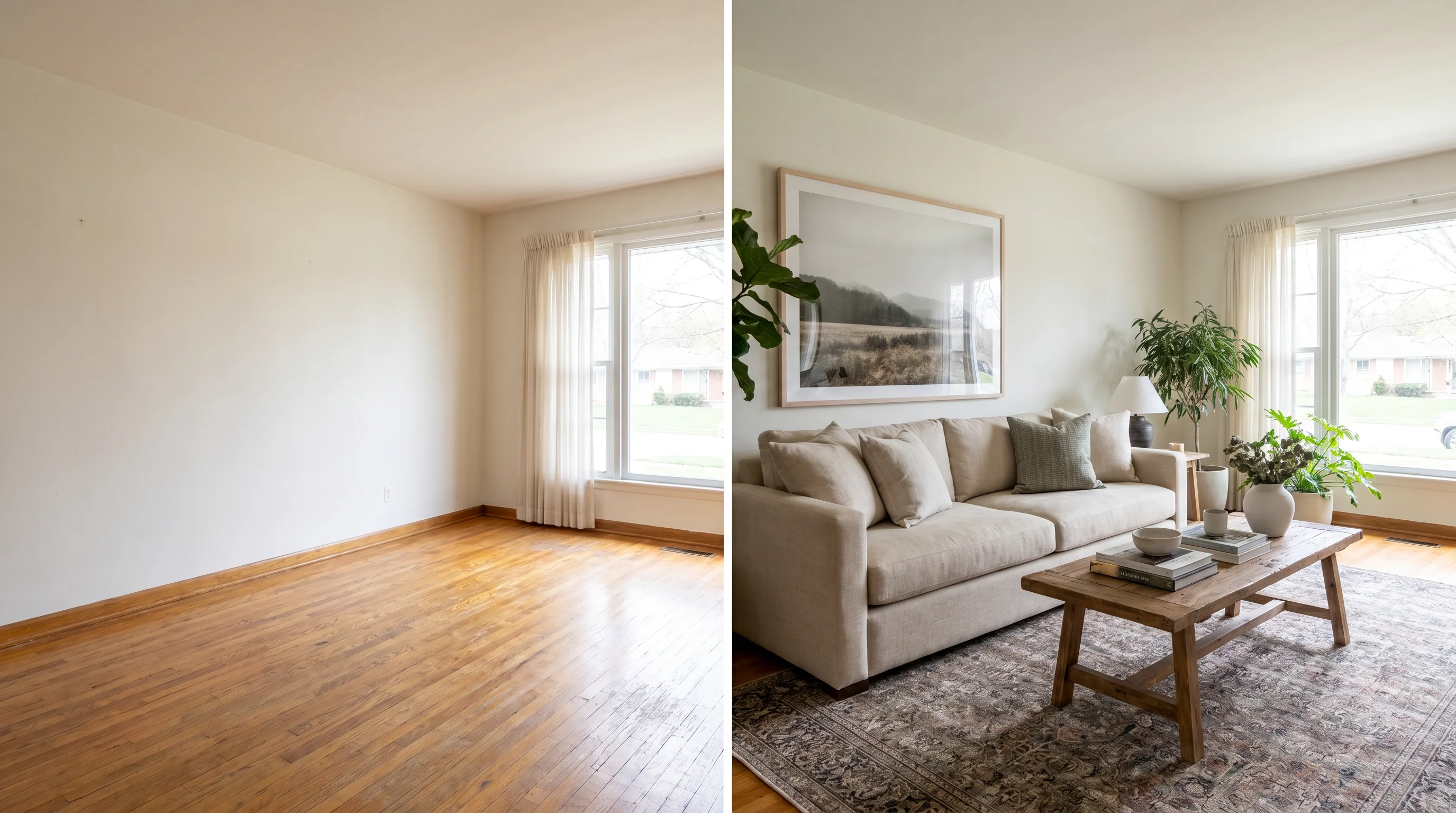 An empty living room on the left and the same room AI-staged with a sofa, rug, art and plants on the right, generic interface frame, no logos