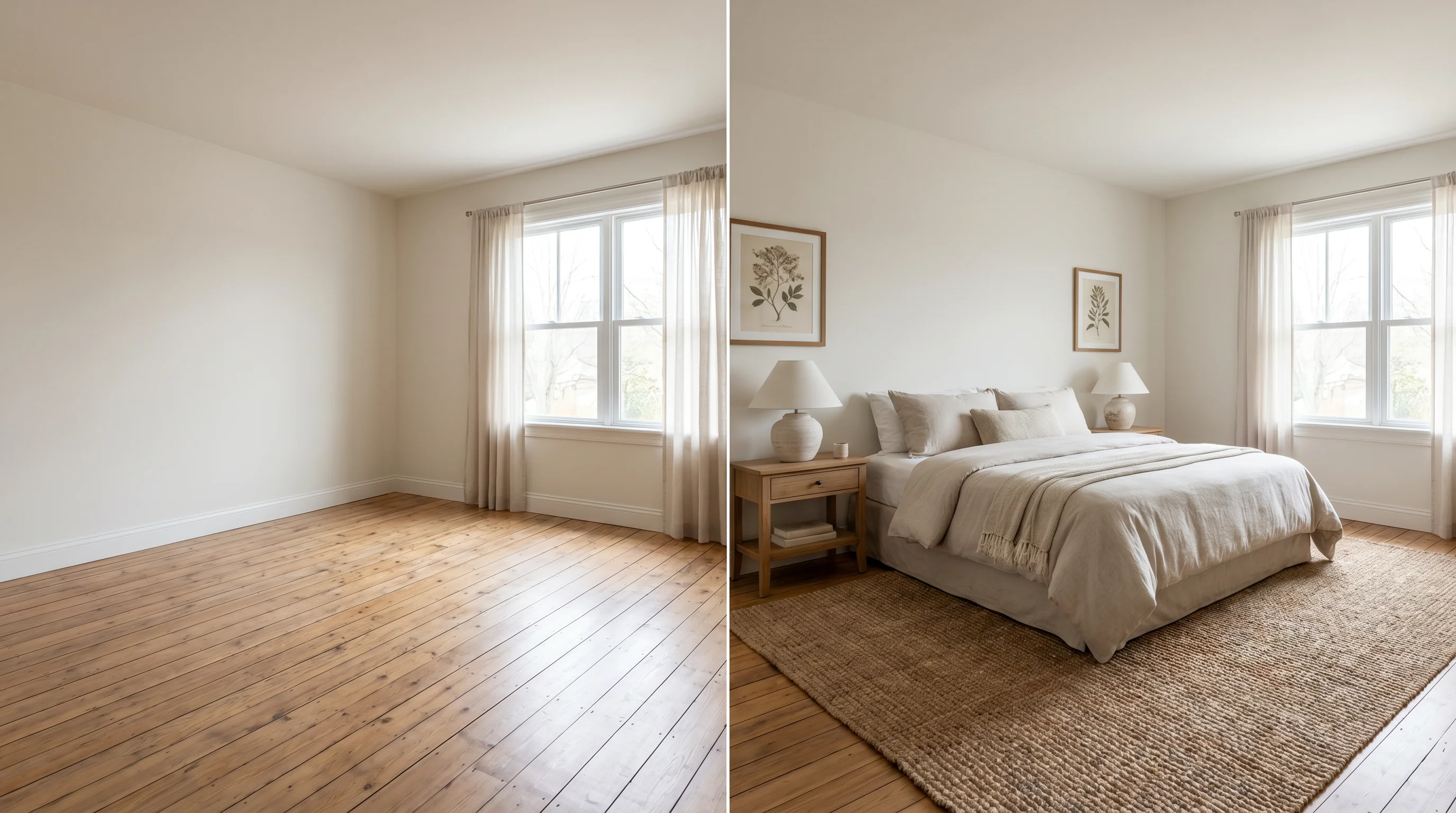 An empty bedroom on the left and the same bedroom AI-staged with a bed, nightstands, rug and art on the right, generic frame, no logos