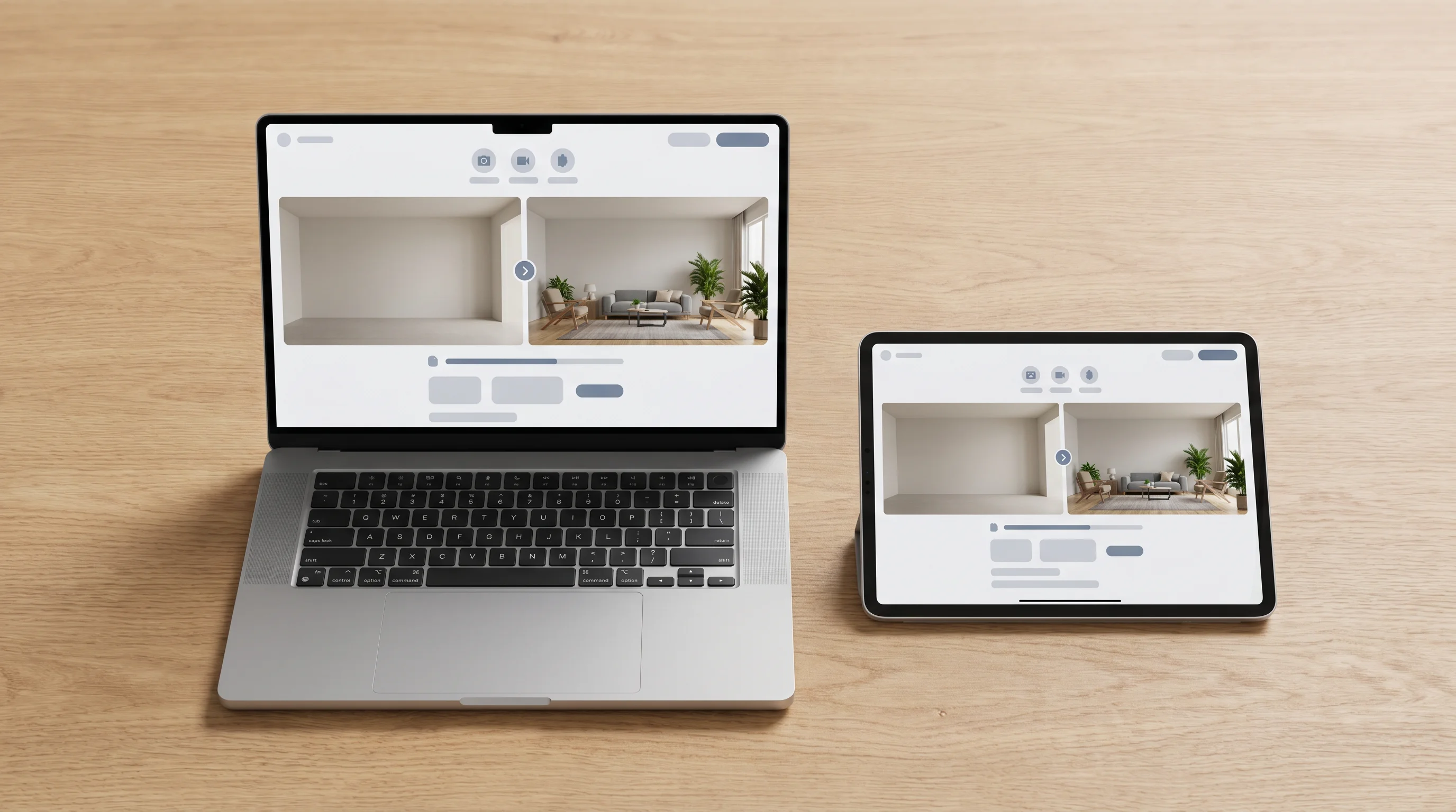 A clean laptop and tablet mockup showing an AI virtual staging app turning an empty room into a furnished one, no brand logos, soft studio lighting