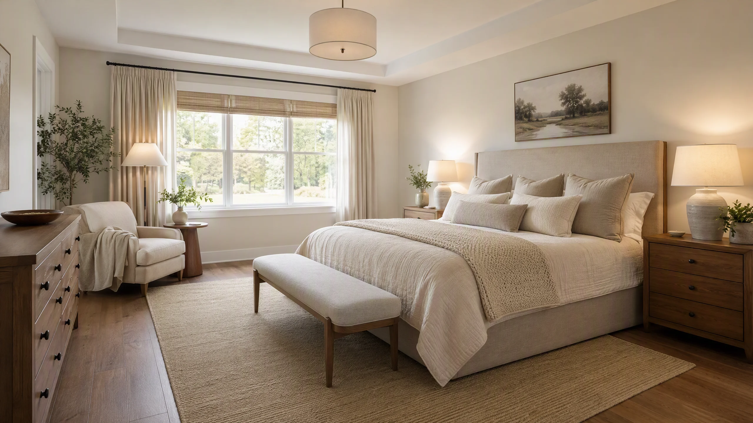 A staged primary bedroom in a residential home, king size bed with neutral textured bedding, warm wood nightstands, balanced scale and accurate room proportions, soft morning window light, realistic MLS compliant staging presentation, clean composition, no humans, no text, no brand marks, no watermark