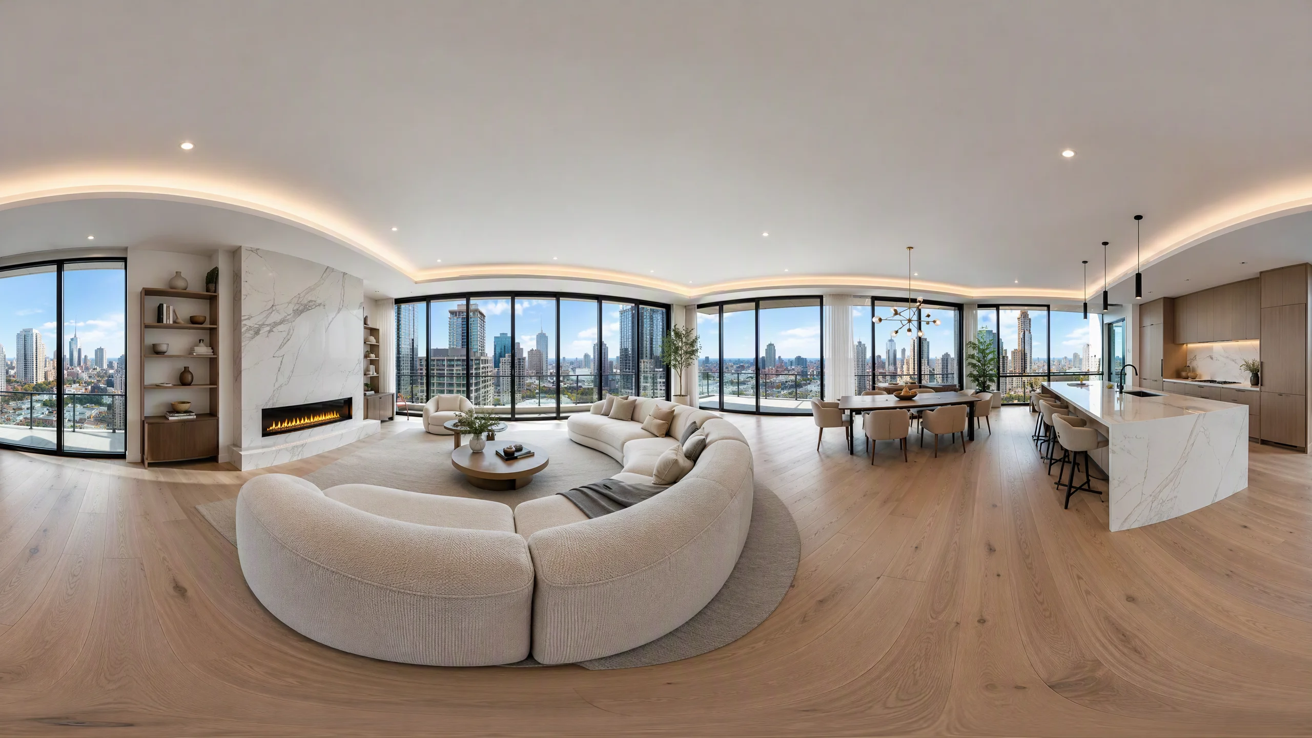 An expansive 360 wide equirectangular panoramic interior view of a penthouse living suite, panoramic floor-to-ceiling glass windows with city view, beautifully staged with modern minimalist curved sofa, marble fireplace, wide oak planks, immersive real estate visualization, daylight, no humans, no logos, no text, no watermark