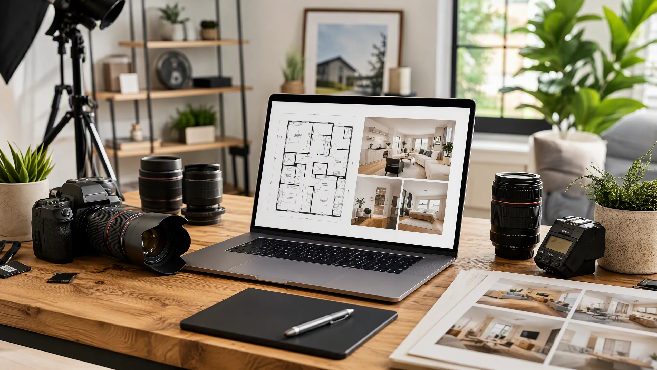 A modern creative workspace for a professional real estate photographer, wooden desk with professional camera equipment, clean laptop showing architectural floor plans and interior staging visuals, bright airy studio atmosphere, soft indoor plant decor, editorial commercial photography, no human faces, no text, no brand logos, no watermark
