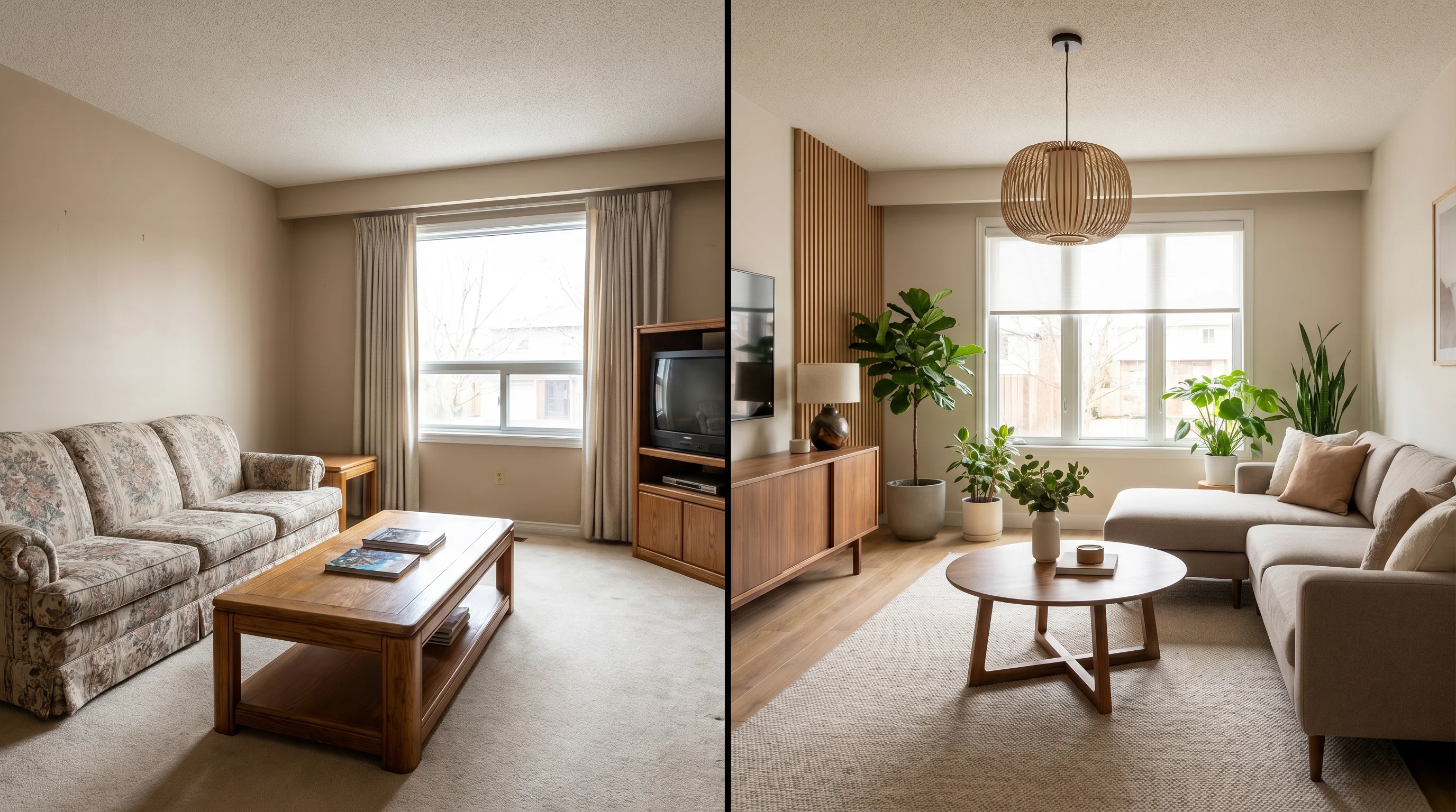 A before-and-after split of the same dated living room, the left half plain and dated, the right half redesigned in a warm modern style