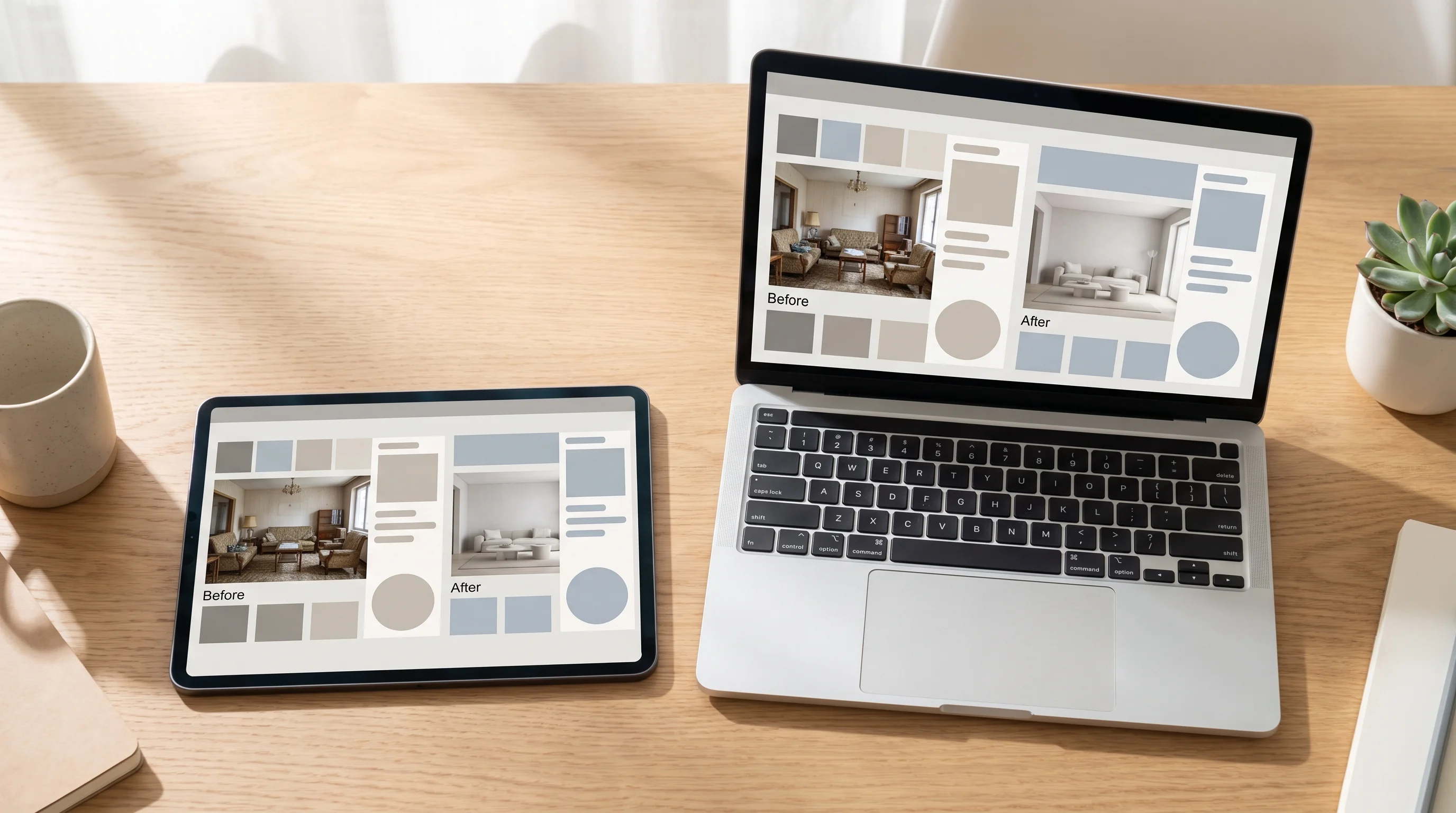 A clean laptop and smartphone mockup showing a generic AI interior design app with a living room redesign on screen, no brand logos, soft studio lighting