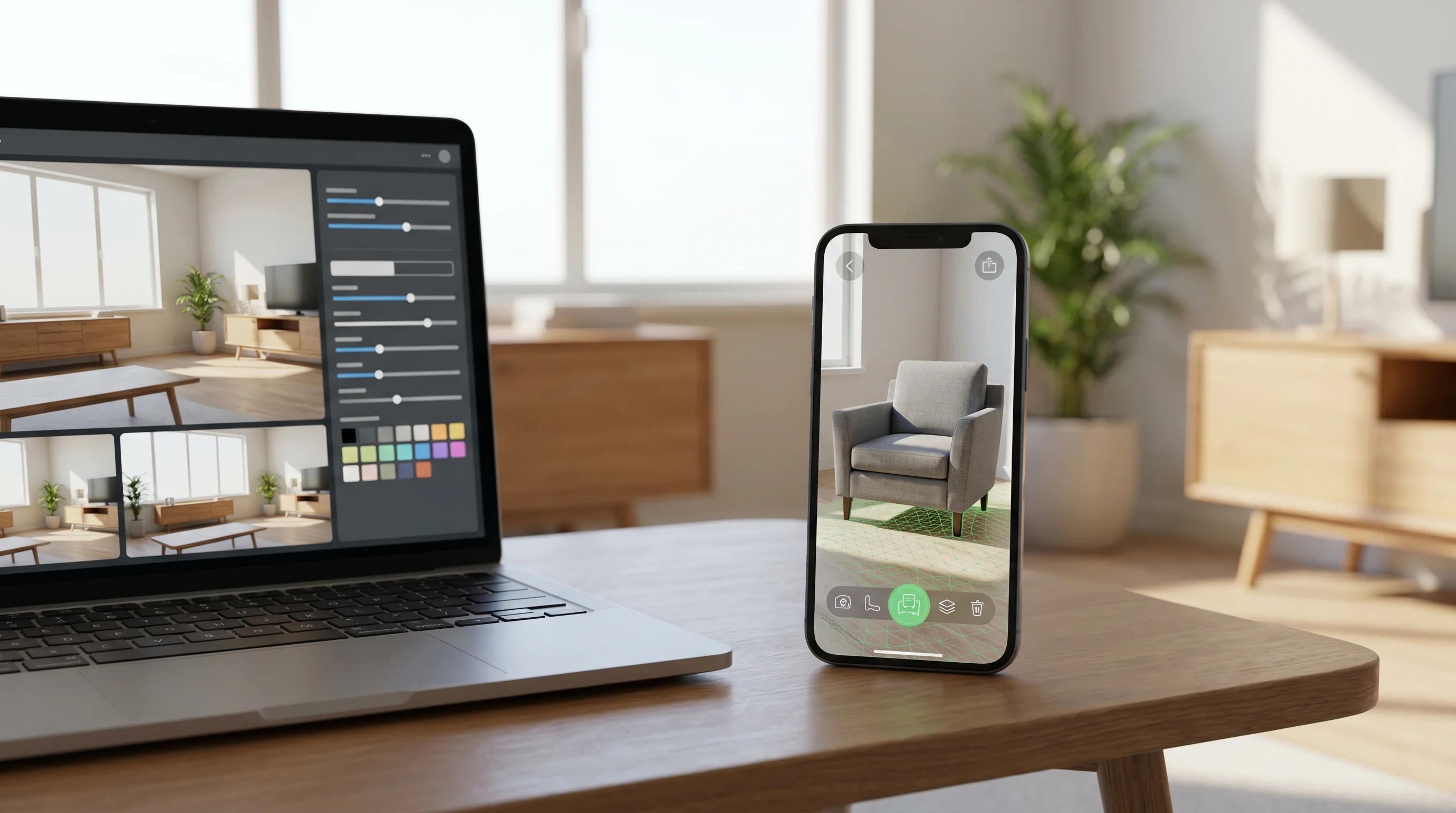 A smartphone showing an AR furniture preview in a bright living room next to a laptop showing a full AI room redesign, side by side, no logos or readable text