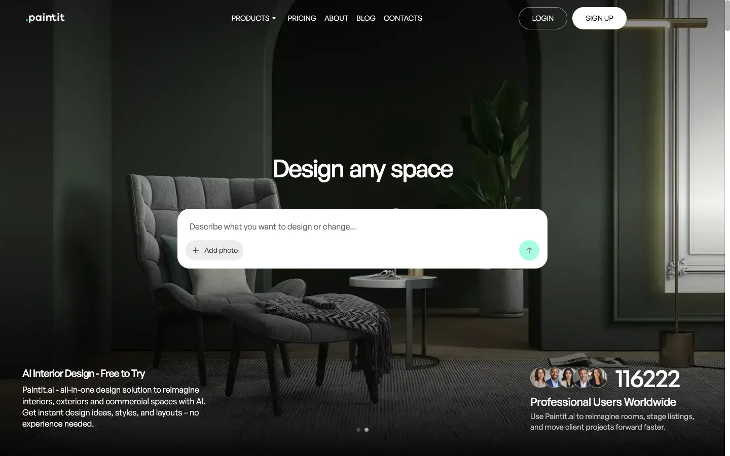Paintit.ai homepage showing its AI room redesign with product shopping links