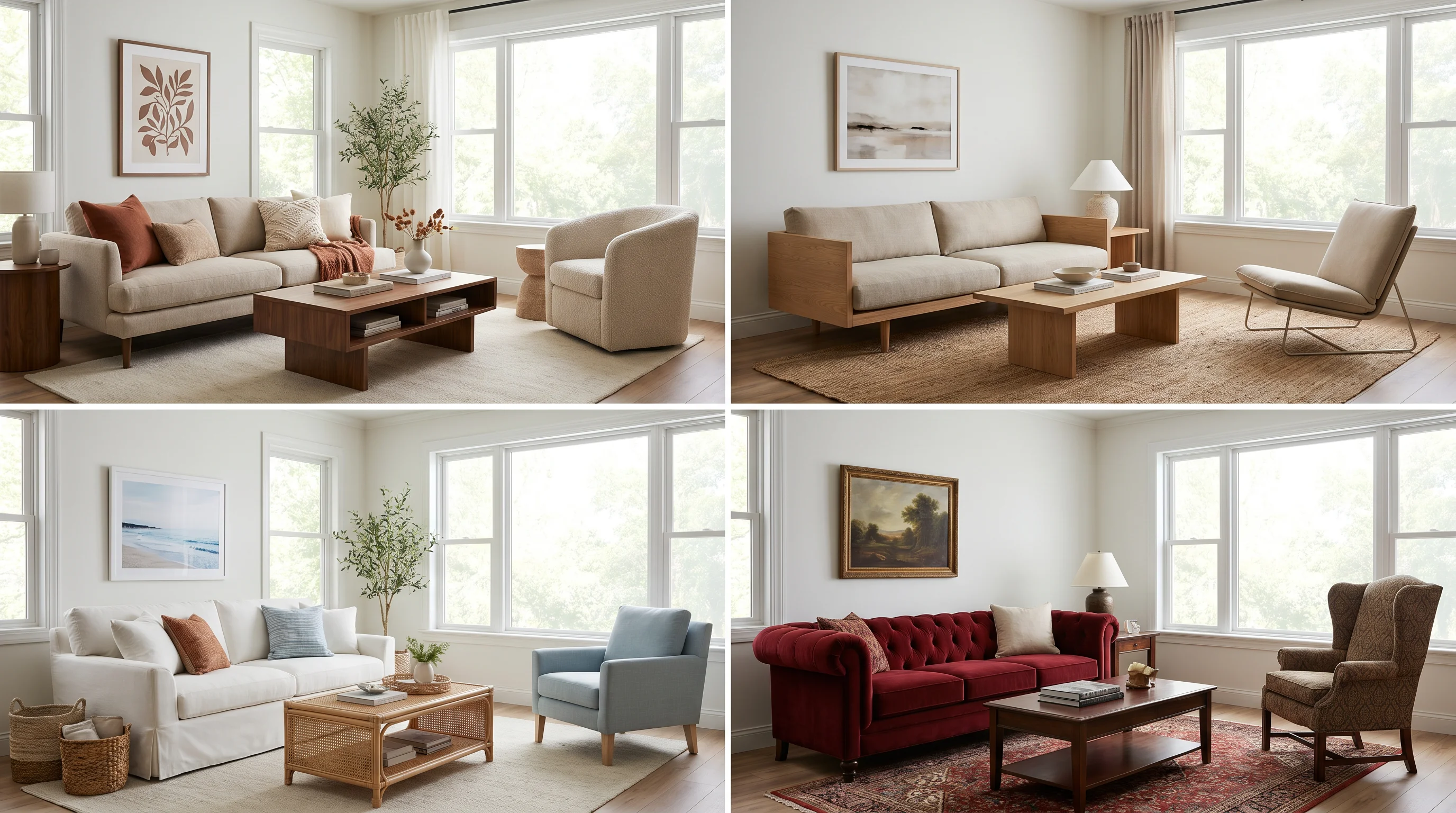 The same living room shown redesigned in four different styles in a clean comparison grid — modern, Japandi, coastal, and traditional — no logos or text