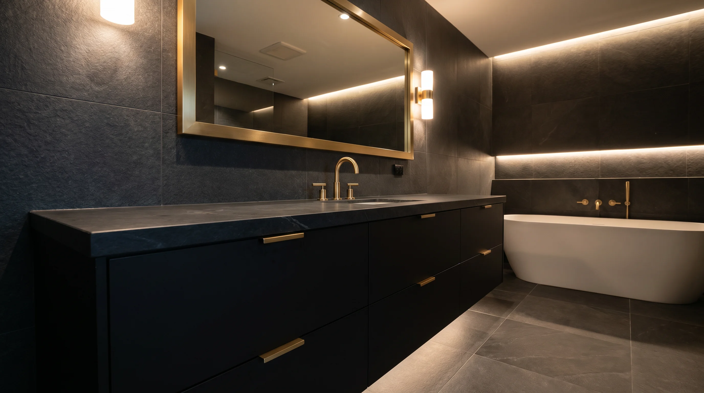 A modern luxury bathroom with a dominant matte black vanity and dark tile, accented by brushed gold faucet, hardware, and a gold-framed mirror