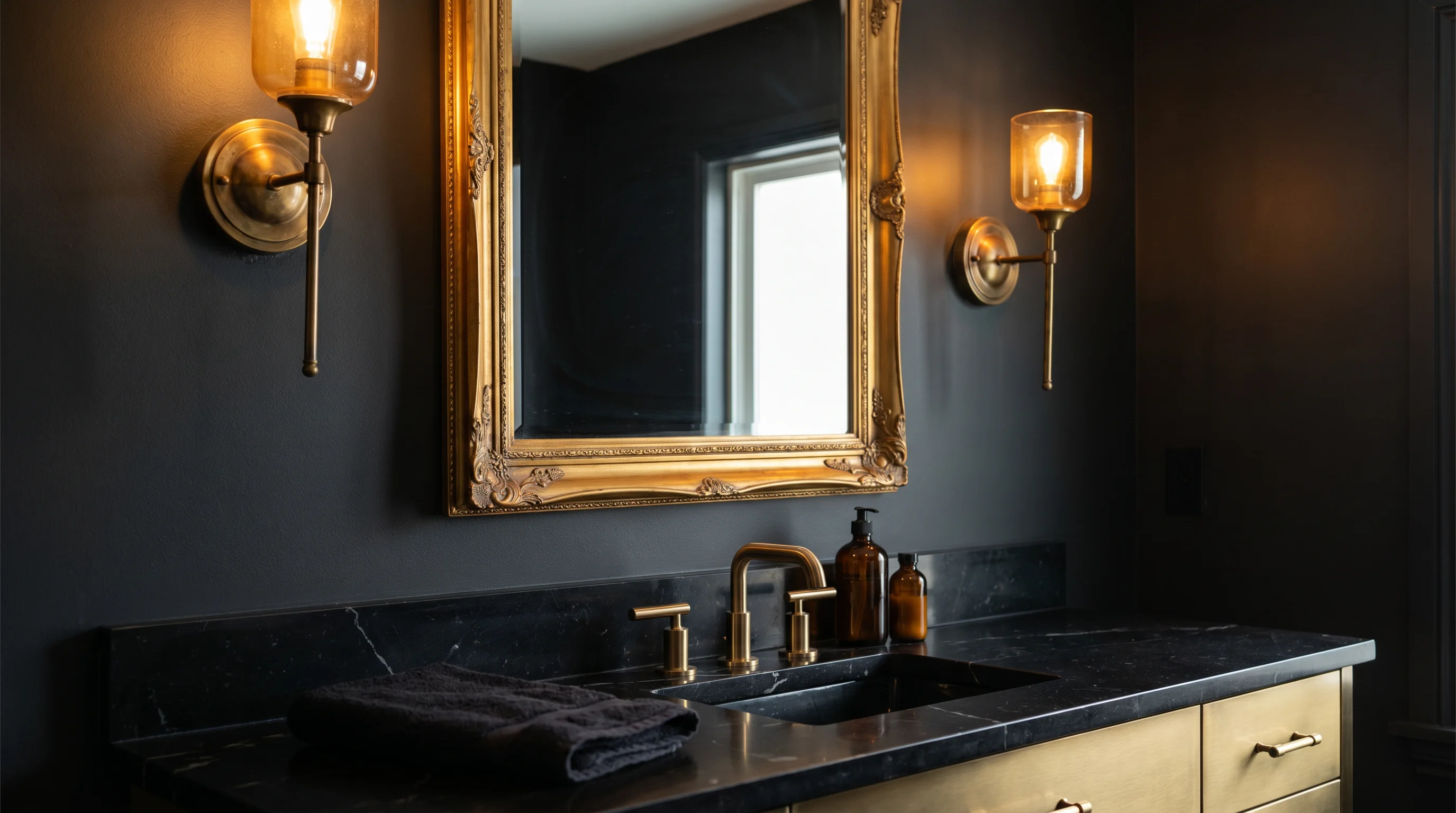 A black and gold bathroom vanity with warm sconces at face height flanking a large gold-framed mirror, the gold fixtures glowing under warm light