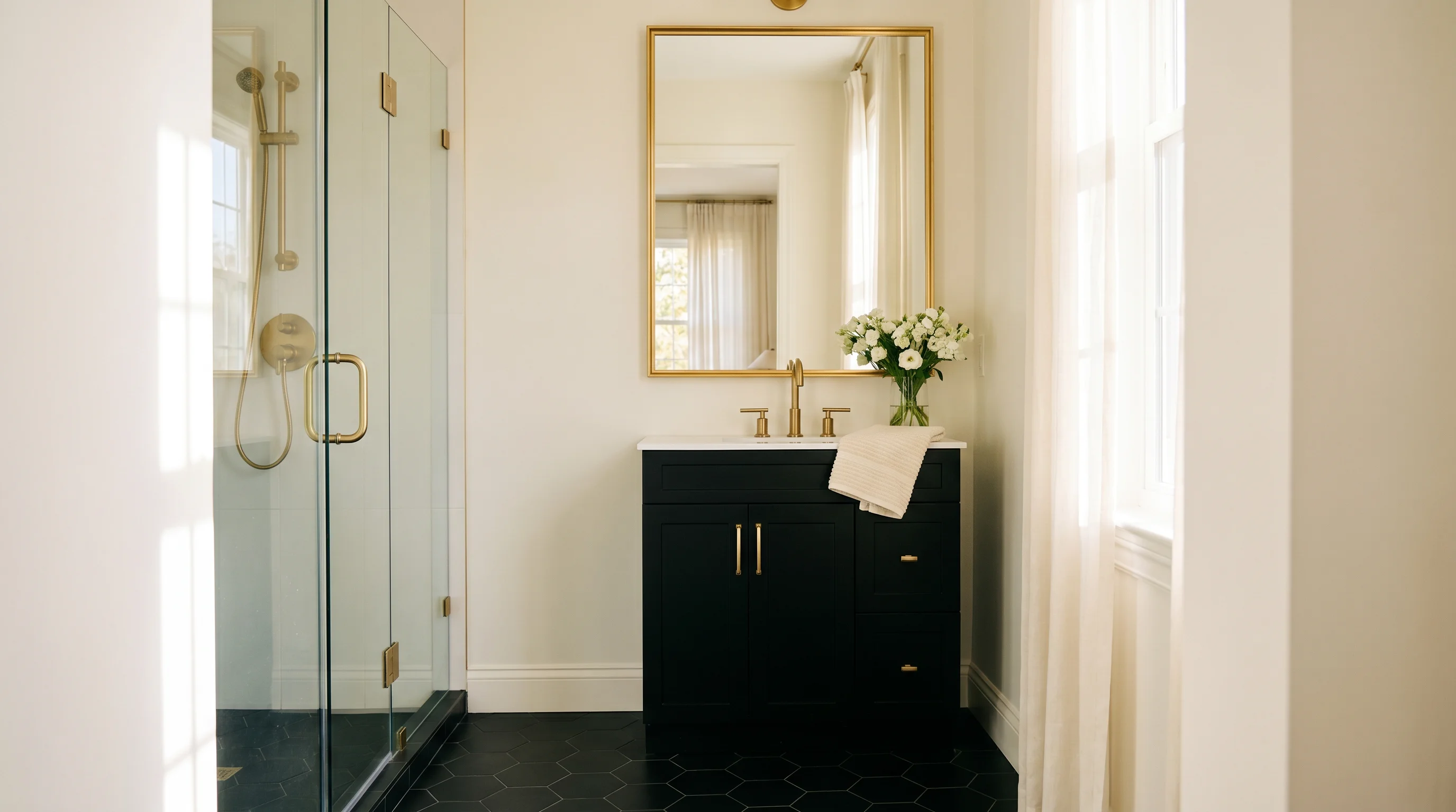 A small black and gold bathroom with light warm-white walls, a black hex tile floor, a compact black vanity with gold faucet, and a large gold-framed mirror bouncing light