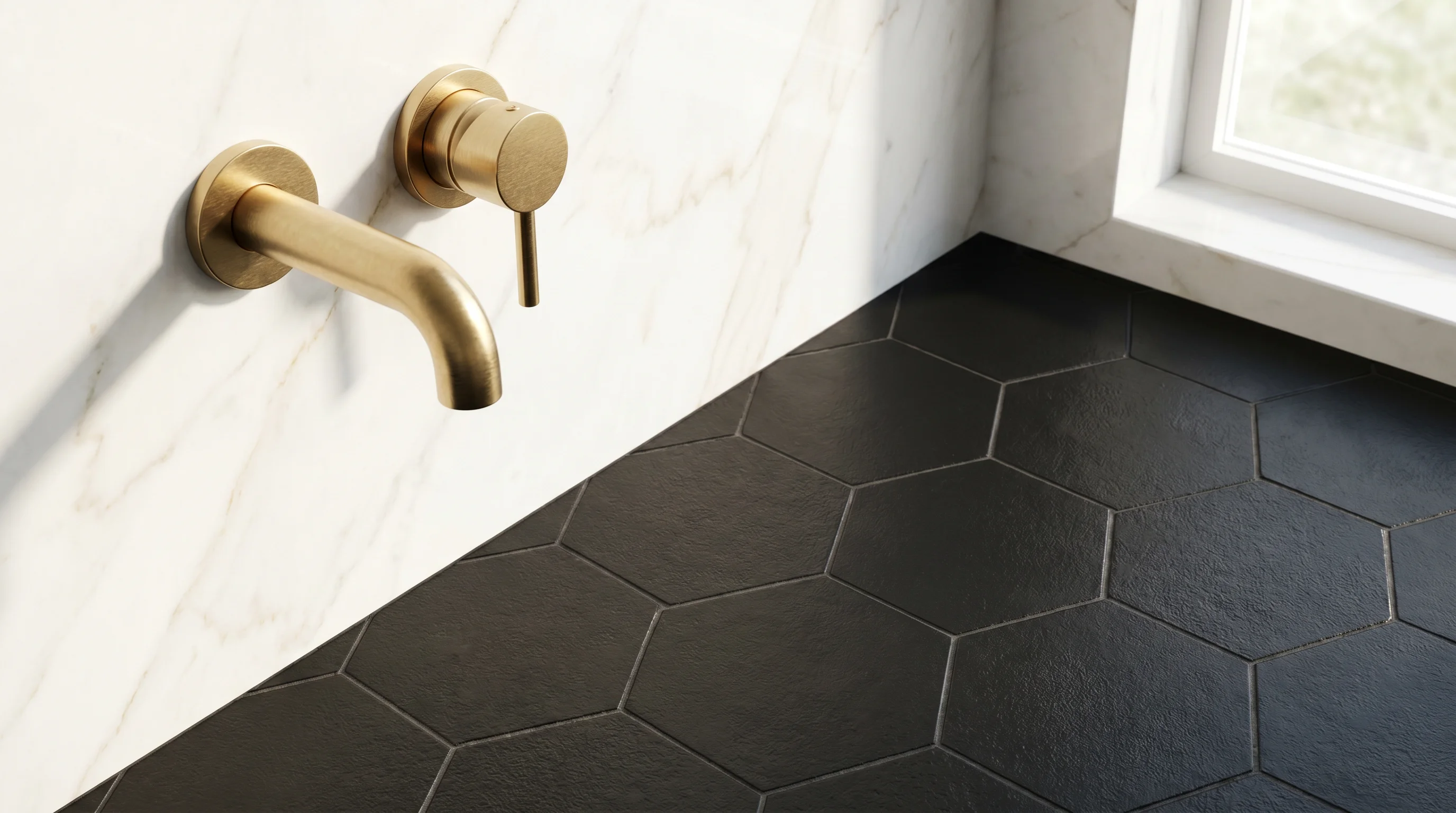 A black and gold bathroom detail showing a matte black hexagon tile floor, white marble wall with subtle veining, and a brushed gold faucet as the accent