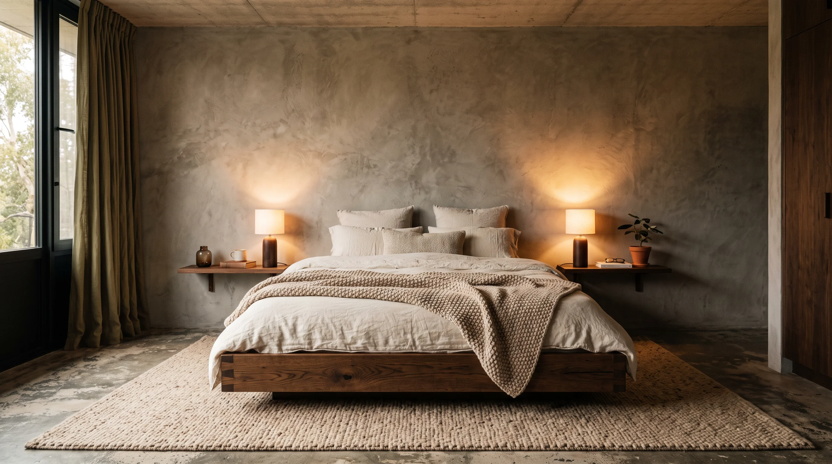 Brutalist bedroom with microcement headboard wall, platform bed in dark wood, linen bedding, and warm ambient side lighting