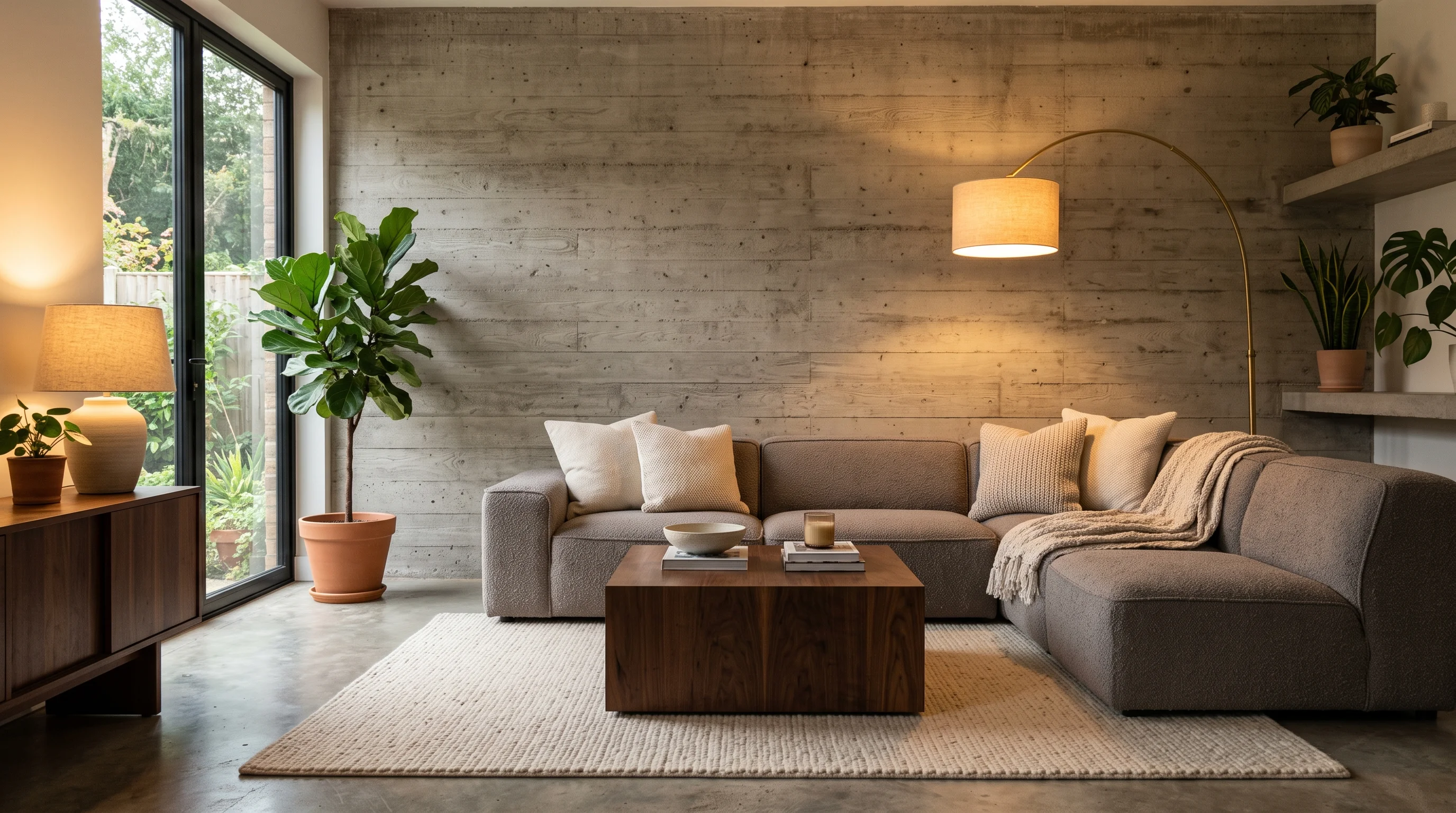 Soft brutalist living room with microcement feature wall, low bouclé sofa, walnut coffee table, and warm layered lighting