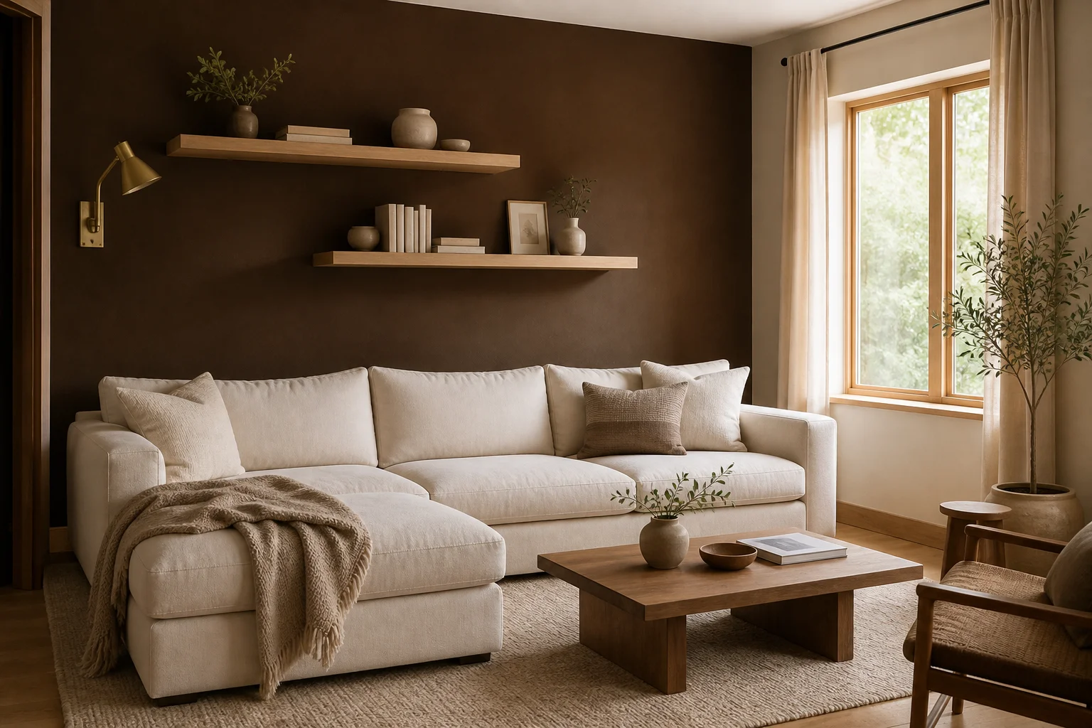 A living room with a single chocolate brown accent wall behind a cream sofa, warm wood floating shelves and a soft beige rug