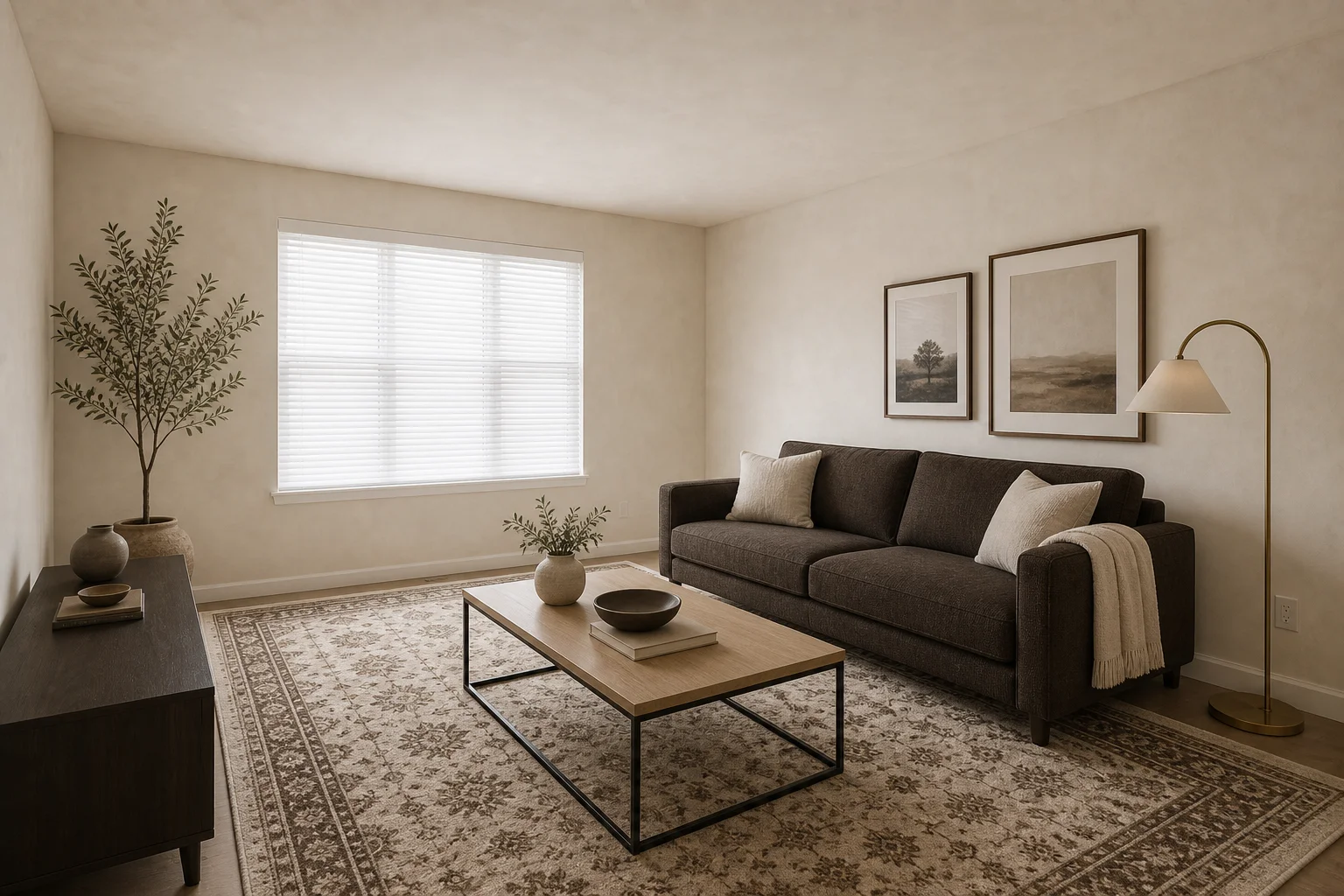 The same living room redesigned with cream walls, a chocolate brown bouclé sofa, light oak coffee table, brass floor lamp and a chocolate-and-cream rug