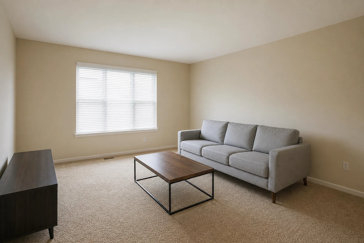A plain beige living room with a generic gray sofa and bare walls, before any redesign, flat daylight