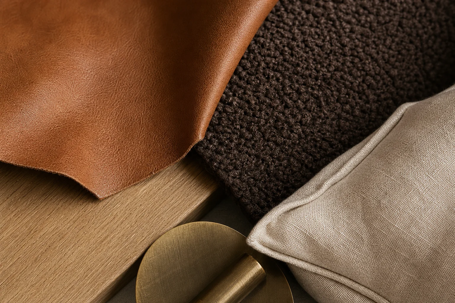 Close-up of living room textures — cognac leather, chocolate boucle, light oak wood and a cream linen cushion layered together in warm light