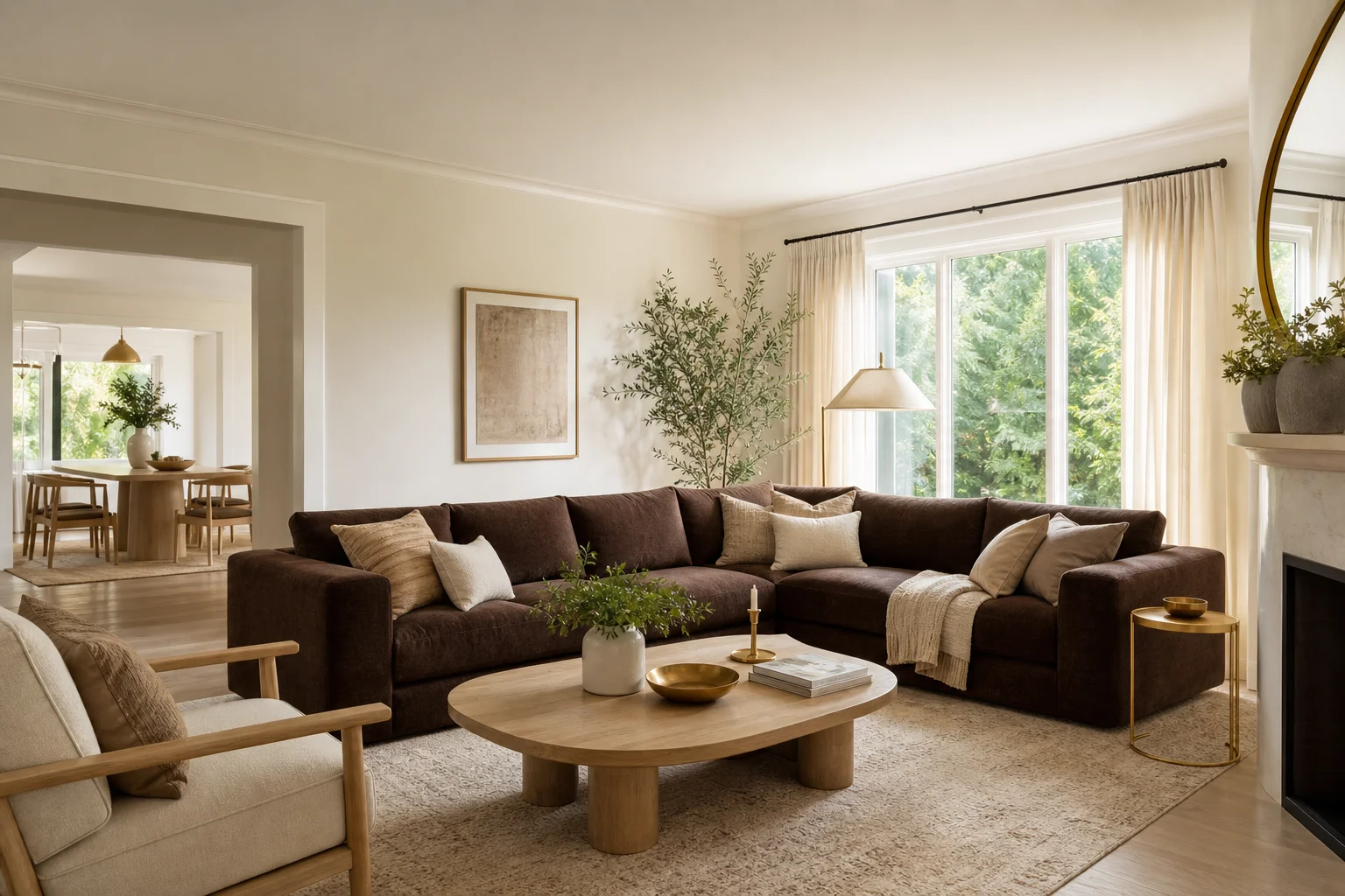 A balanced living room using roughly 60 percent cream walls and rug, 30 percent chocolate brown sofa and 10 percent brass and wood accents, natural daylight