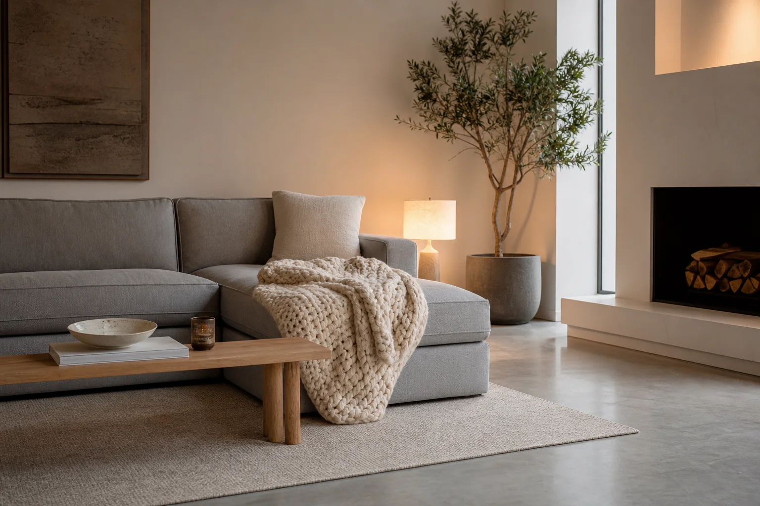 A minimalist room with a cool gray-and-white base warmed up with a light oak bench, a chunky cream wool throw, a single large plant and warm lighting