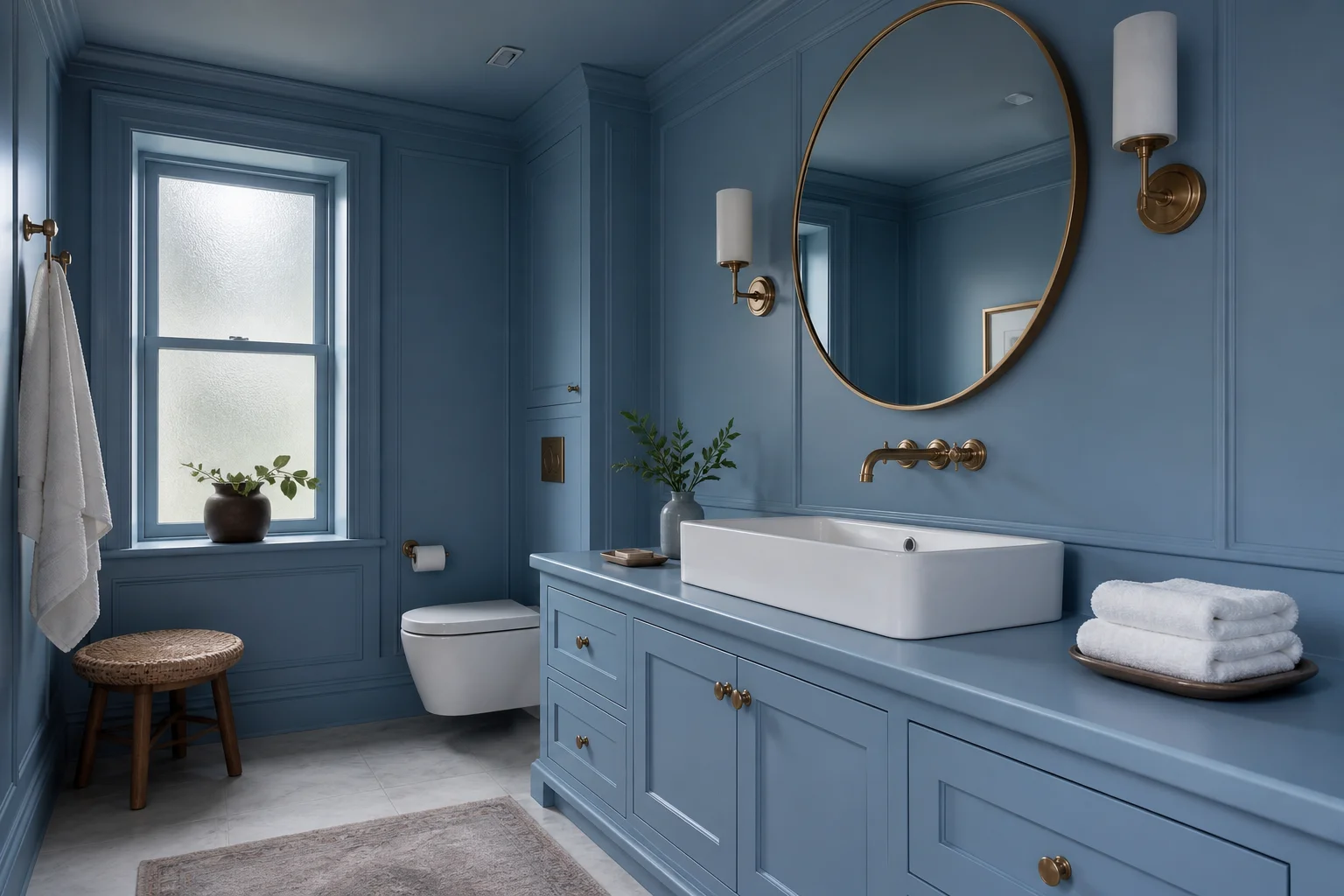 Dusty blue color drenched bathroom with walls, ceiling, trim and vanity in one soft blue tone, brass fixtures, natural light