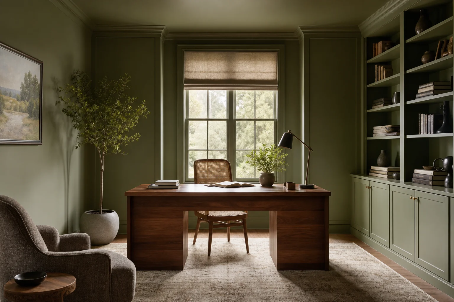 Olive green color drenched home office with matching walls, ceiling, bookshelves and trim, warm wood desk and natural daylight