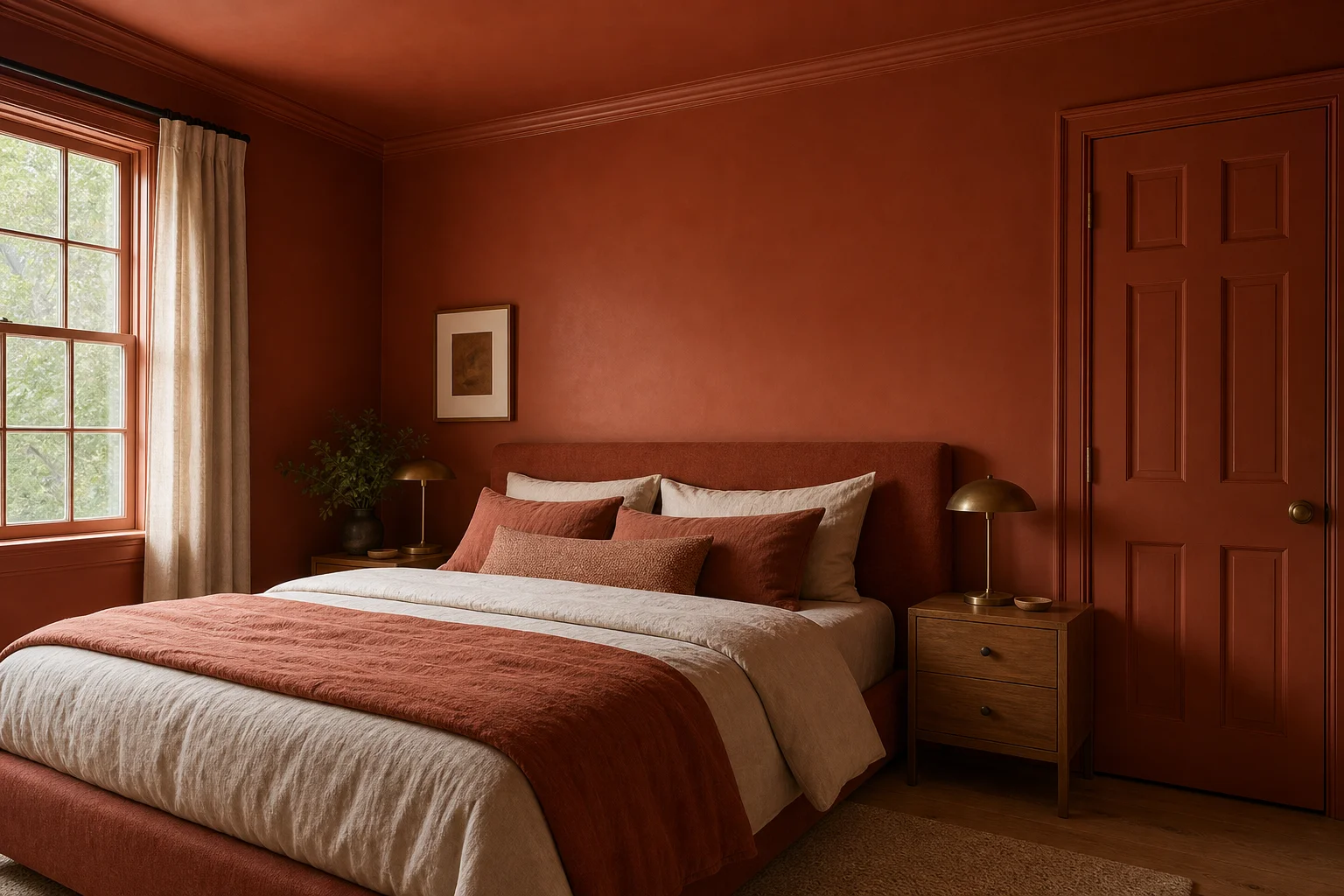 Rust color drenched bedroom with walls, ceiling, trim, and door painted in the same warm terracotta hue, soft natural light