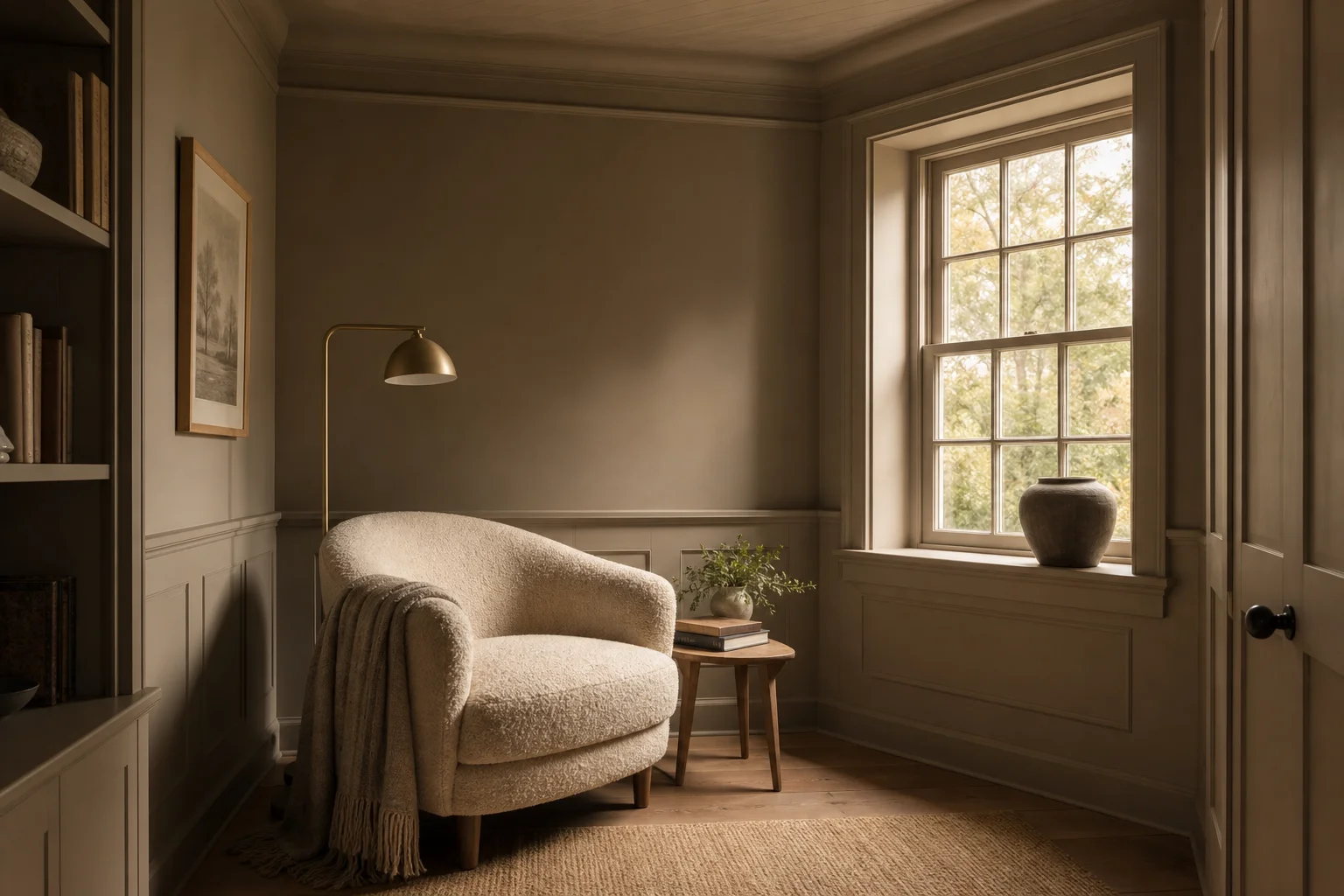 Warm taupe color drenched reading snug with walls, ceiling, trim and window frame in one soft brown-gray tone, armchair and floor lamp