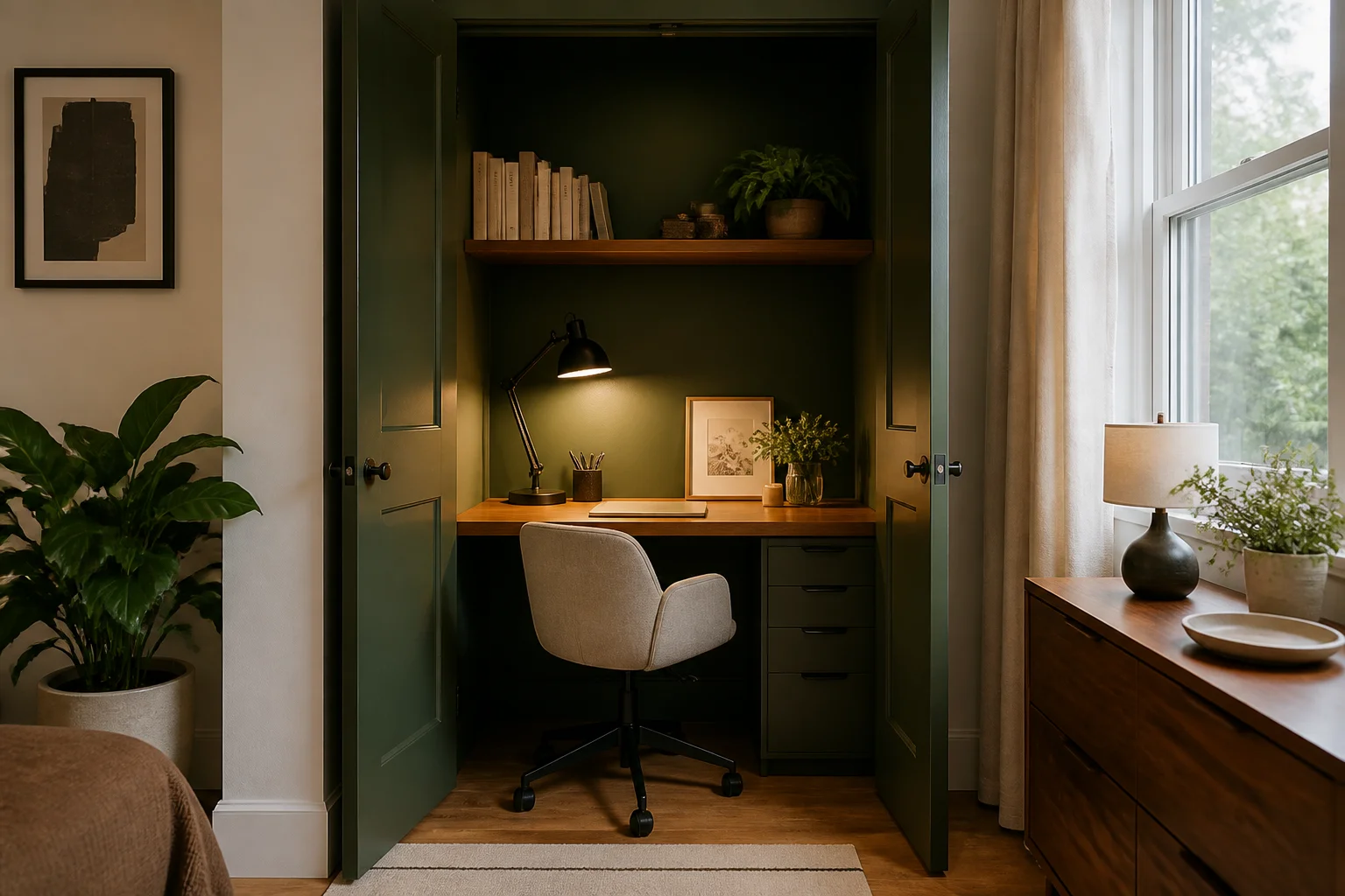 A small green cloffice — a former closet converted into a compact home office with dark green walls, a built-in desk, a shelf above, and a chair