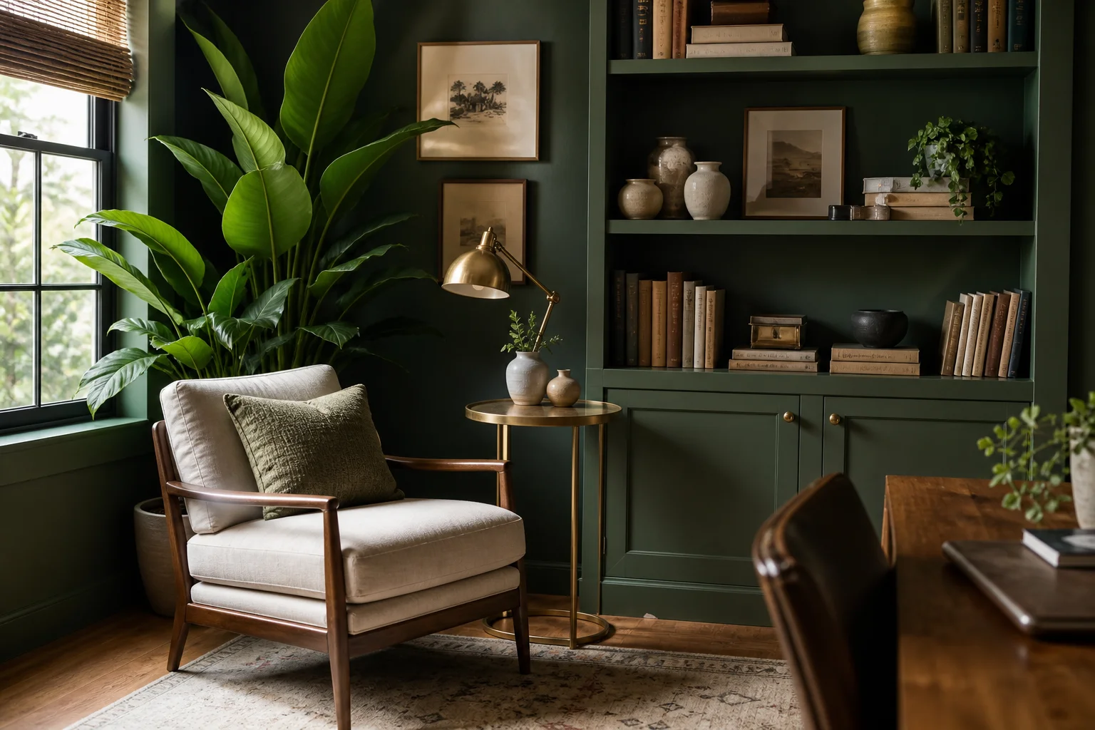 A sophisticated dark green home office with forest-green walls, a wood desk, brass lamp and shelves of books, warm and calm