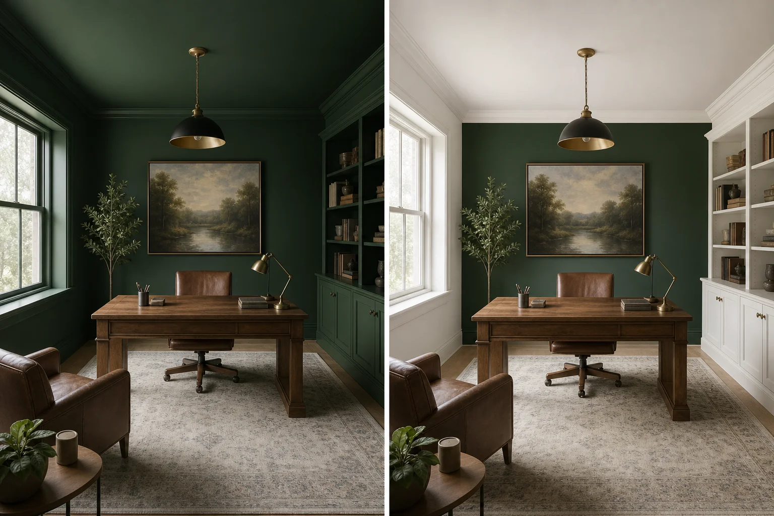 A split image showing two dark green office approaches — a fully green-drenched room on one side, and a single dark green accent wall behind the desk on the other
