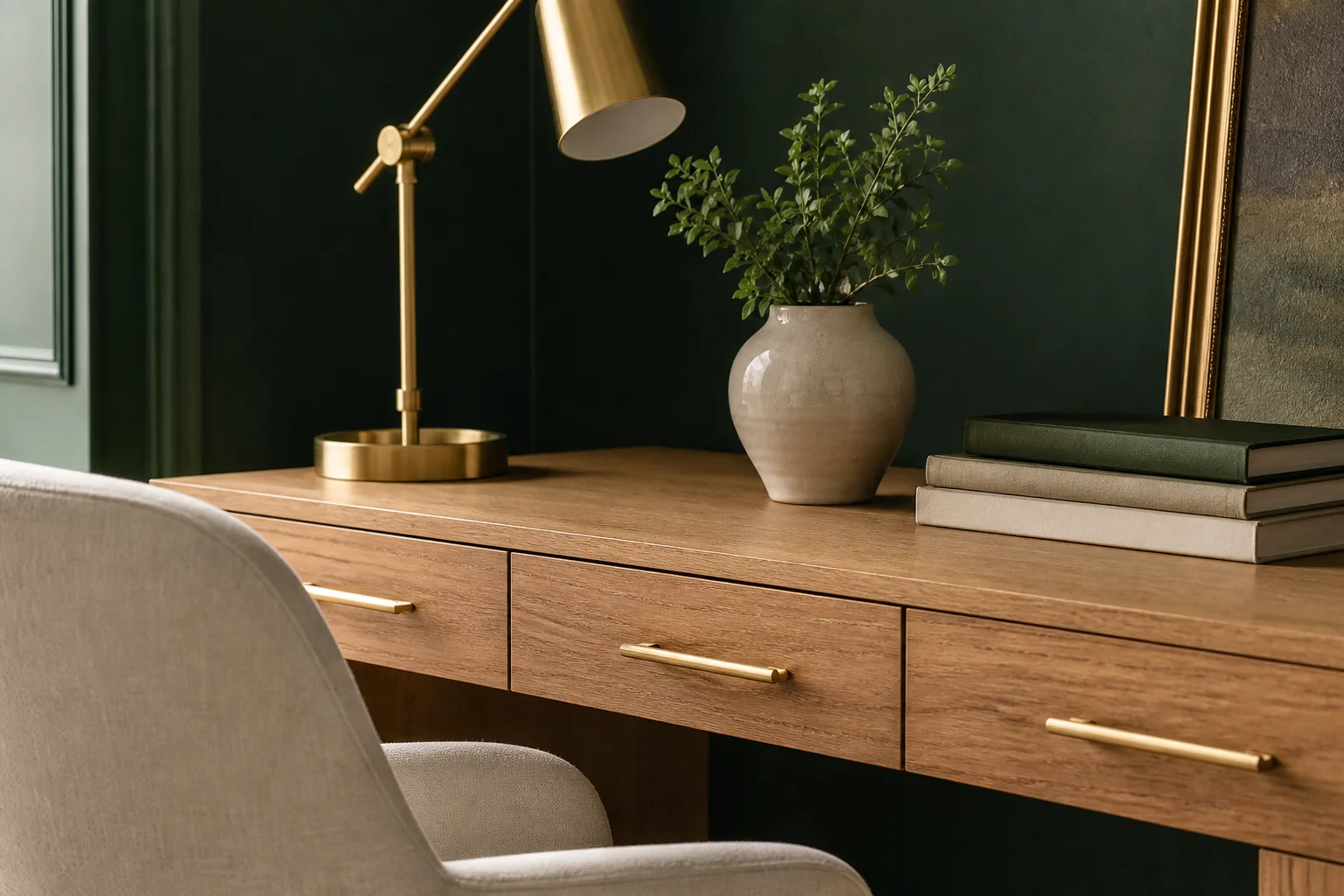 Close detail of a dark green office showing pairings — warm oak desk, brass desk lamp and hardware, and cream textiles against the green wall