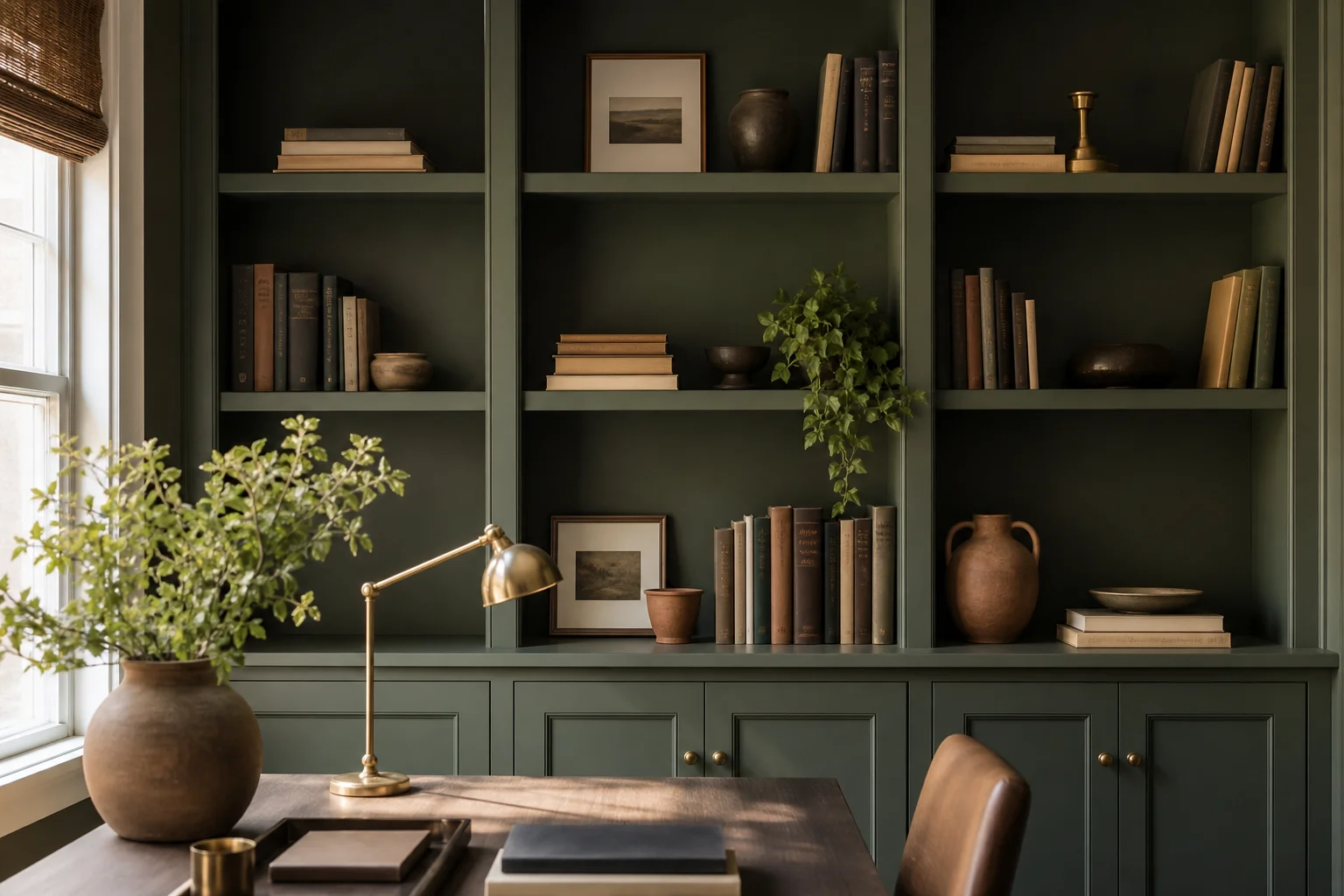 Styled dark green built-in shelves with books arranged by color, a few ceramic objects, a plant, and brass accents, looking curated not cluttered