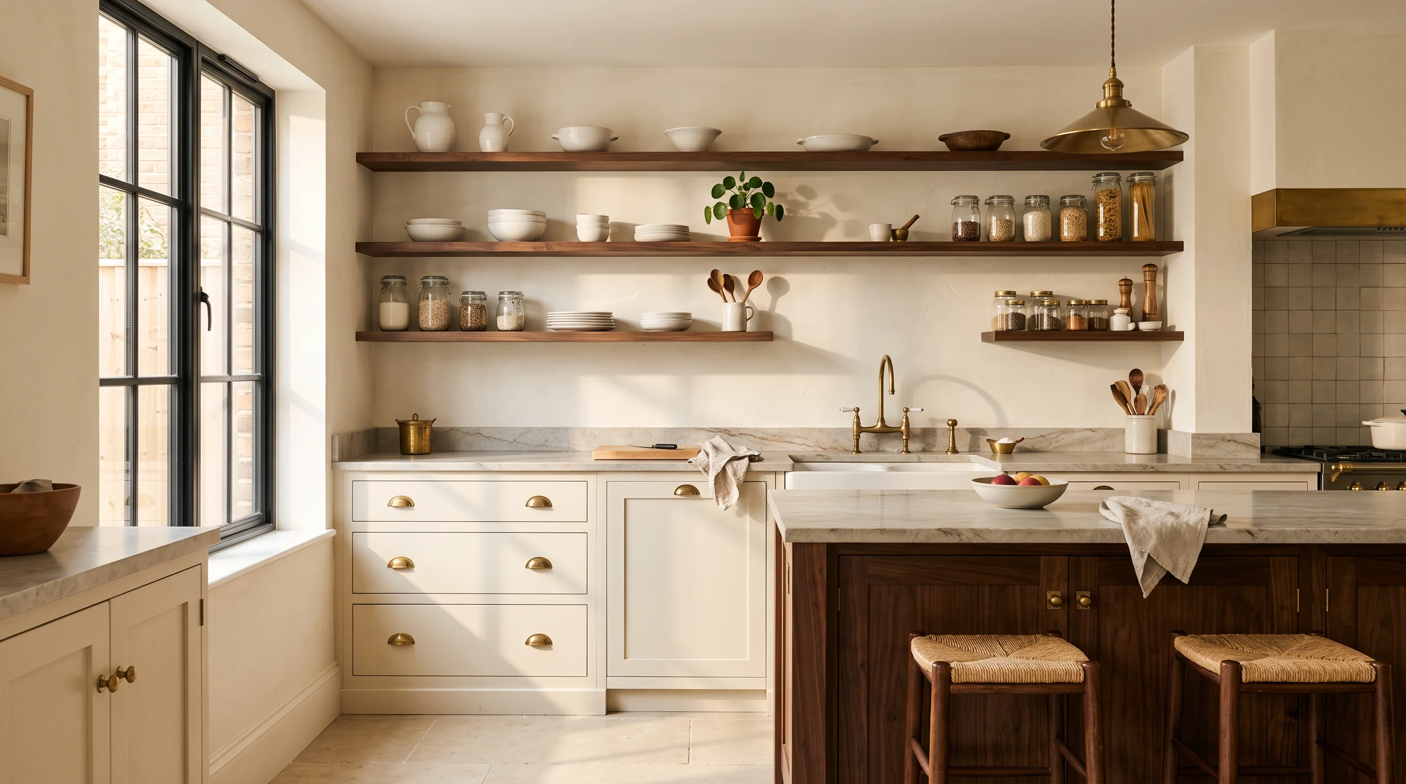 Kitchen with dark walnut open shelving, warm brass hardware, honed stone countertop, and natural light through large window