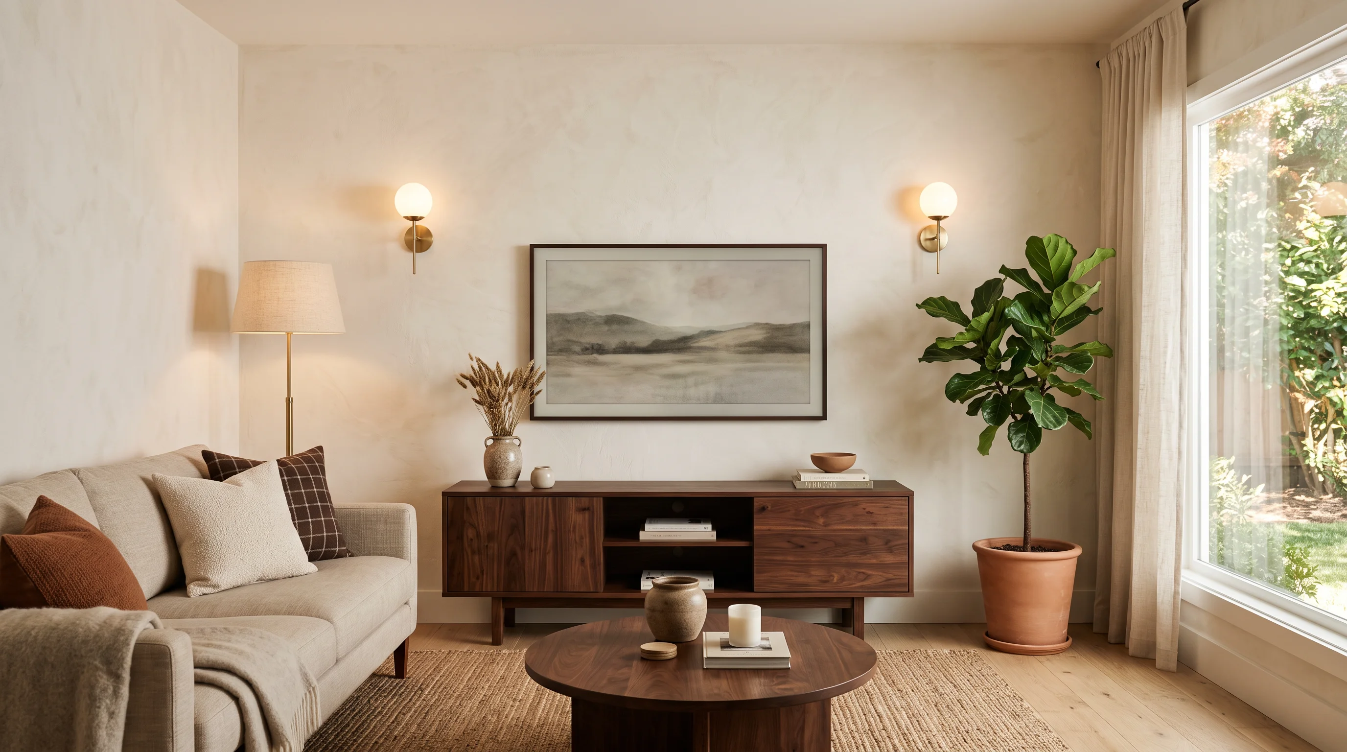 Modern living room anchored by a dark walnut media console, warm plaster walls, linen sofa, and layered ambient lighting